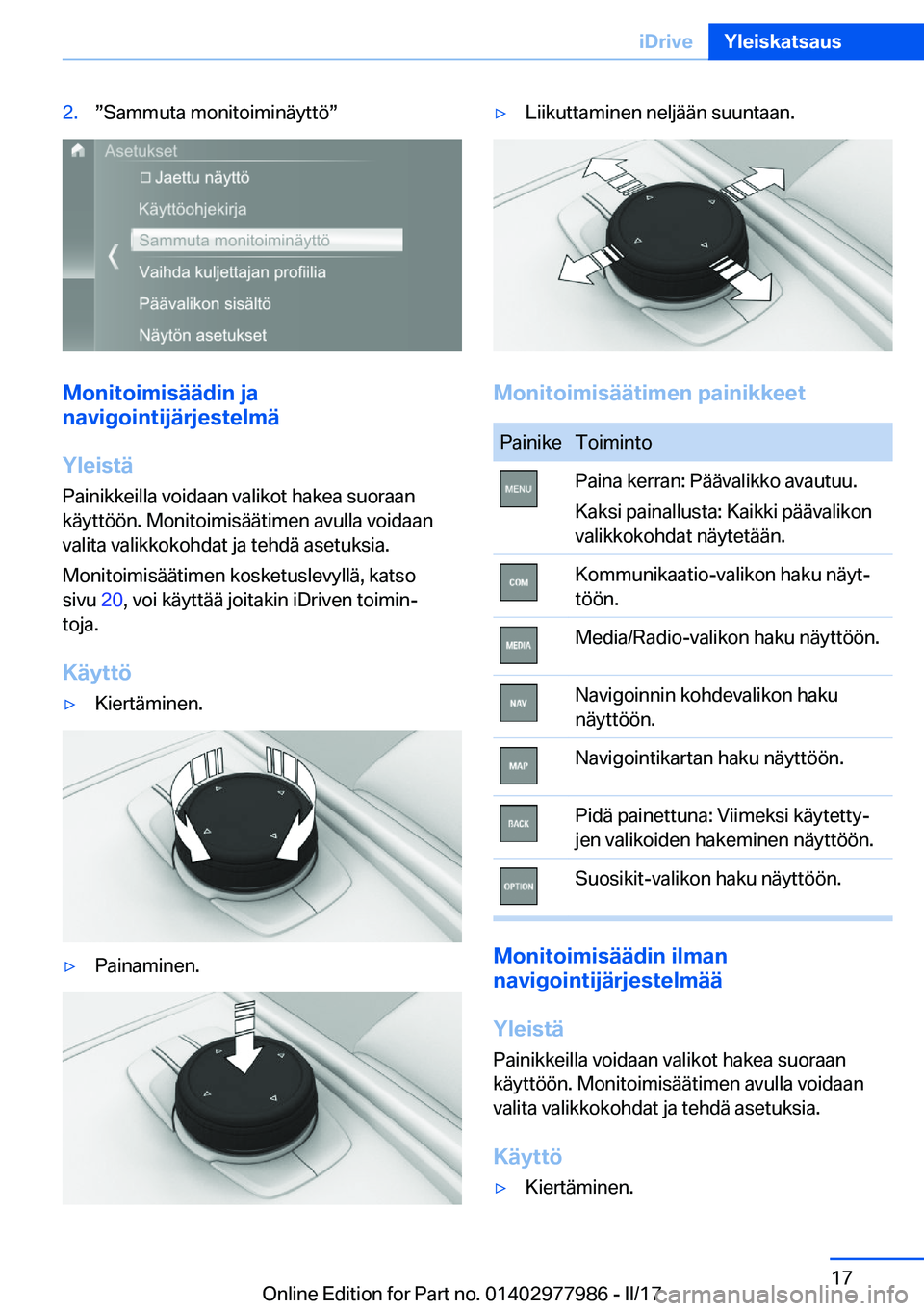 BMW 3 SERIES 2017  Omistajan Käsikirja (in Finnish) �2�.w�S�a�m�m�u�t�a� �m�o�n�i�t�o�i�m�i�n�