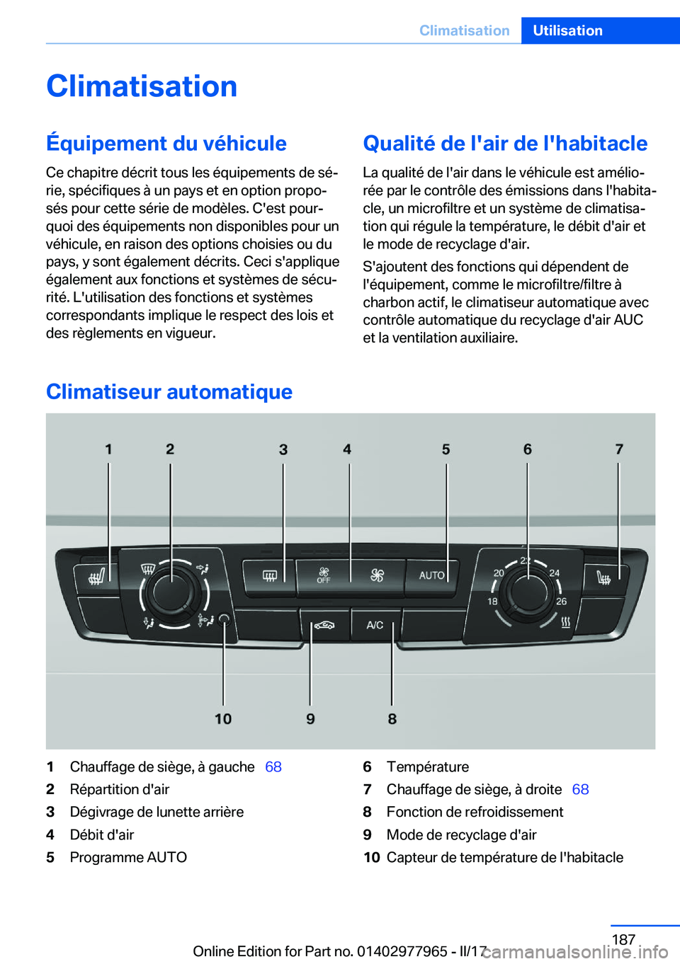BMW 3 SERIES 2017  Notices Demploi (in French) �C�l�i�m�a�t�i�s�a�t�i�o�n�