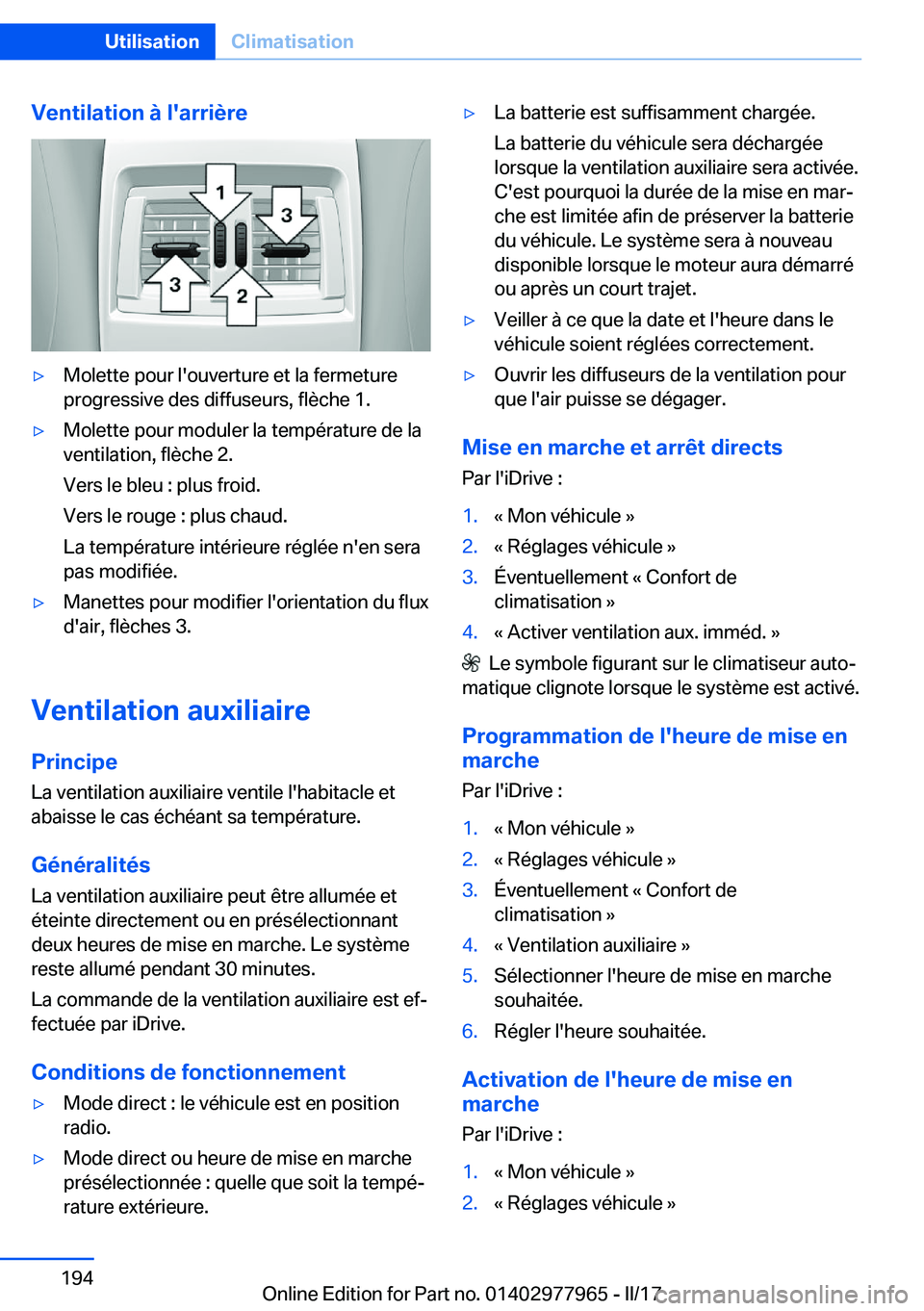 BMW 3 SERIES 2017  Notices Demploi (in French) �V�e�n�t�i�l�a�t�i�o�n��