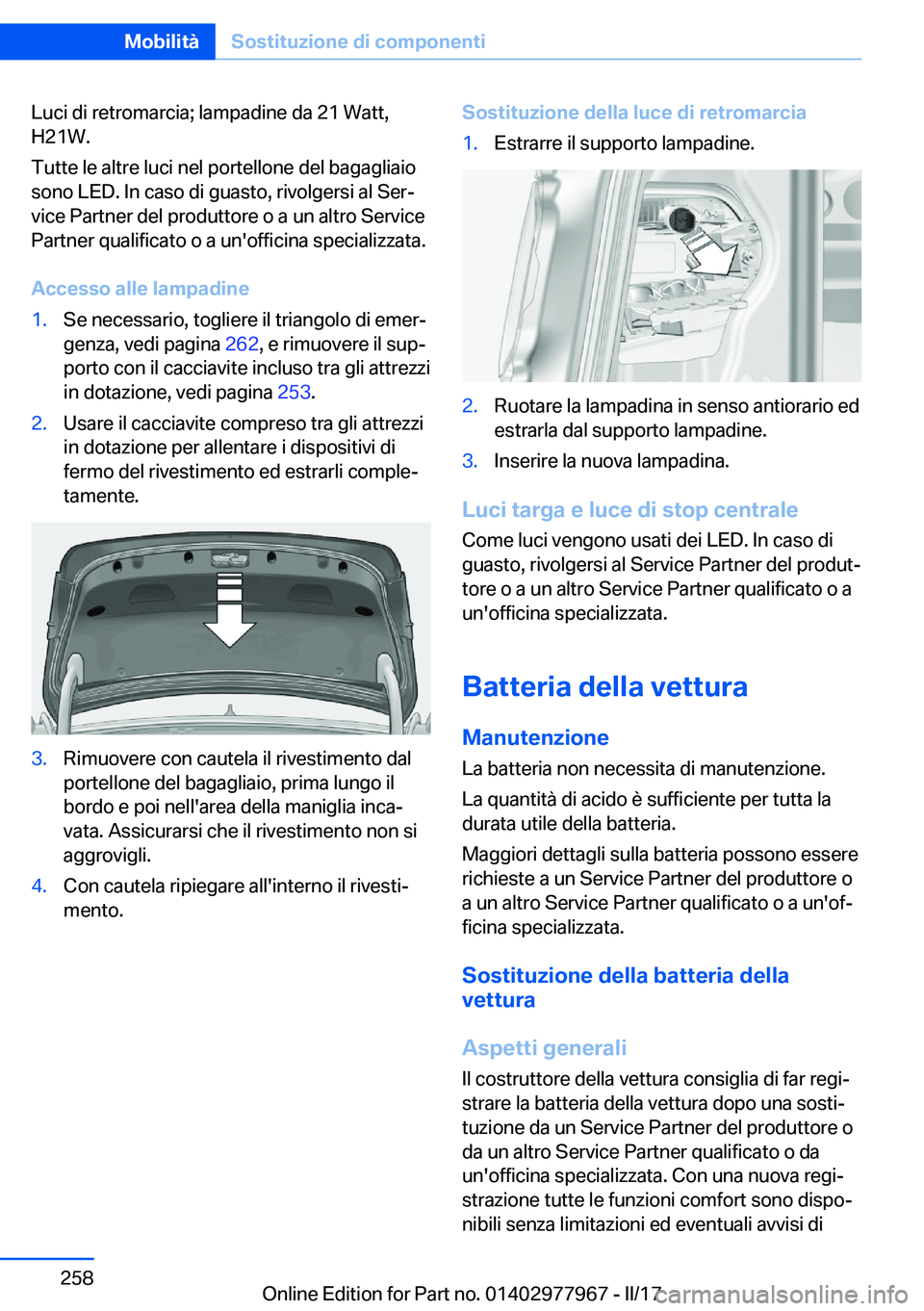 BMW 3 SERIES 2017  Libretti Di Uso E manutenzione (in Italian) �L�u�c�i� �d�i� �r�e�t�r�o�m�a�r�c�i�a�;� �l�a�m�p�a�d�i�n�e� �d�a� �2�1� �W�a�t�t�,
�H�2�1�W�.
�T�u�t�t�e� �l�e� �a�l�t�r�e� �l�u�c�i� �n�e�l� �p�o�r�t�e�l�l�o�n�e� �d�e�l� �b�a�g�a�g�l�i�a�i�o
�s�o�