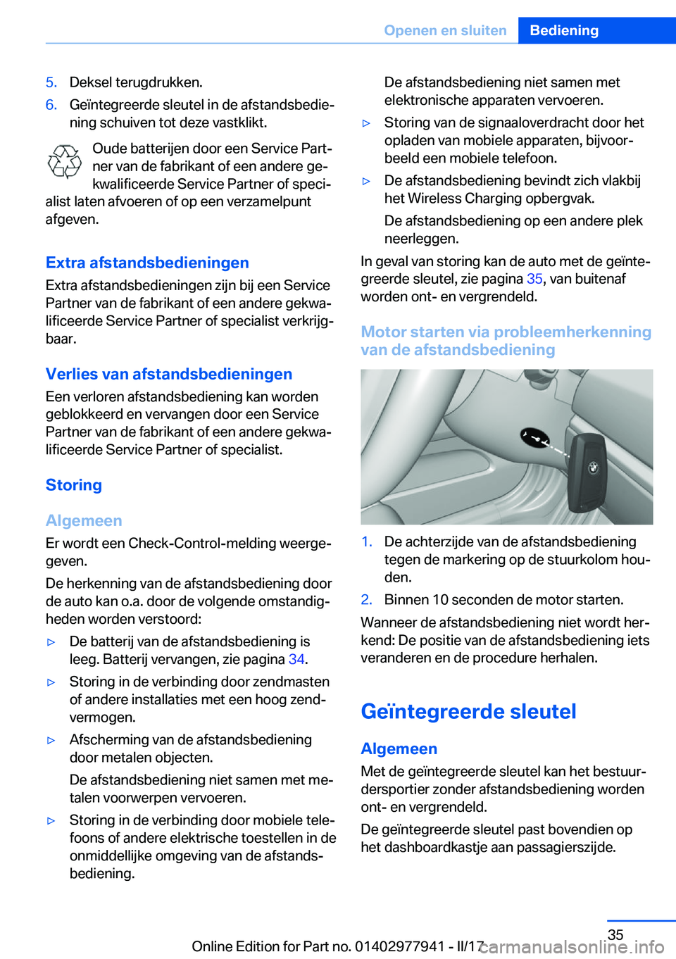 BMW 3 SERIES 2017  Instructieboekjes (in Dutch) �5�.�D�e�k�s�e�l� �t�e�r�u�g�d�r�u�k�k�e�n�.�6�.�G�e�