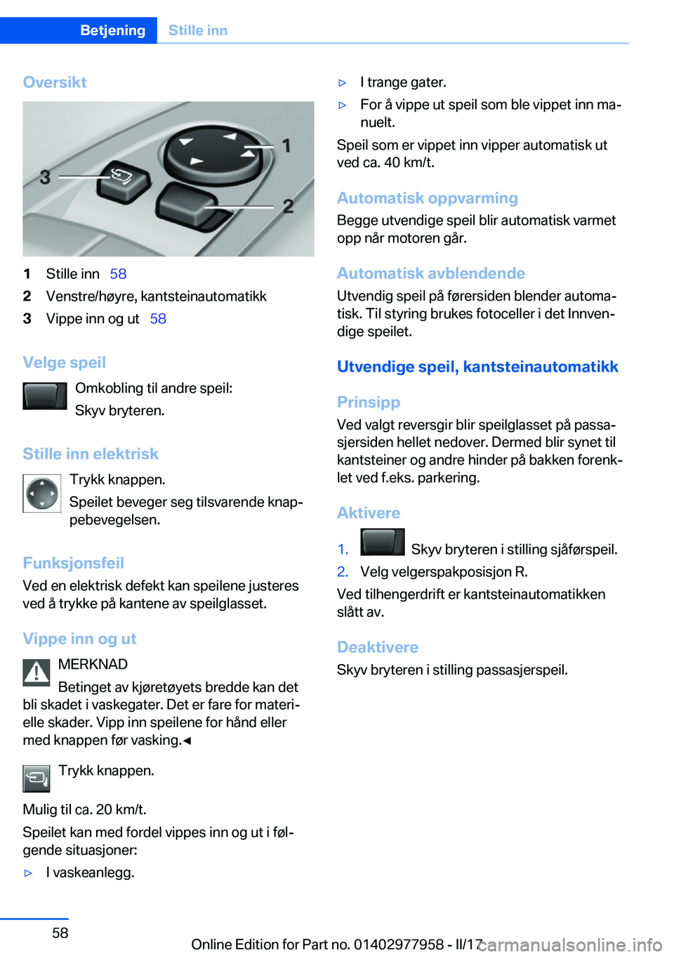 BMW 3 SERIES 2017  InstruksjonsbØker (in Norwegian) �O�v�e�r�s�i�k�t�1�S�t�i�l�l�e� �i�n�n\_�5�8�2�V�e�n�s�t�r�e�/�h�