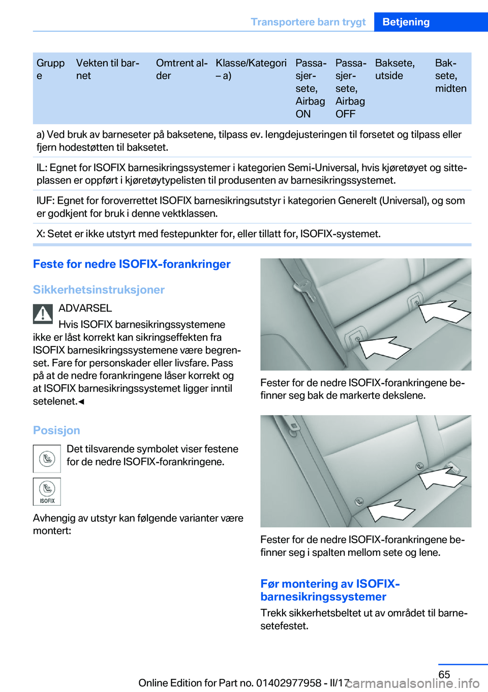 BMW 3 SERIES 2017  InstruksjonsbØker (in Norwegian) �G�r�u�p�p
�e�V�e�k�t�e�n� �t�i�l� �b�a�rj
�n�e�t�O�m�t�r�e�n�t� �a�lj
�d�e�r�K�l�a�s�s�e�/�K�a�t�e�g�o�r�i
m� �a�)�P�a�s�s�aj
�s�j�e�rj
�s�e�t�e�,
�A�i�r�b�a�g
�O�N�P�a�s�s�aj
�s�j�e�rj
�s�e�t