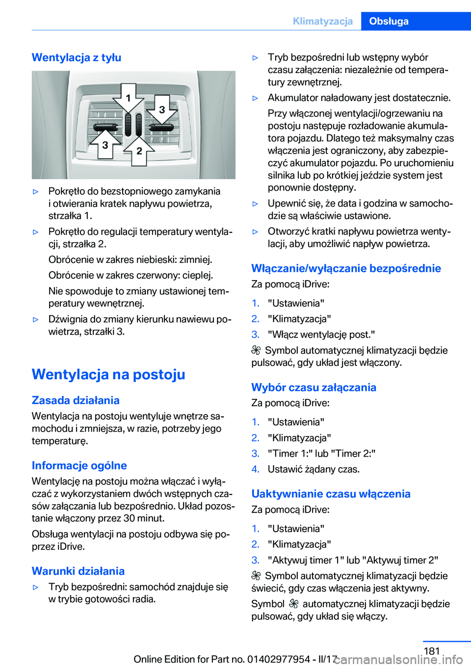 BMW 3 SERIES 2017  Instrukcja obsługi (in Polish) �W�e�n�t�y�l�a�c�j�a��z��t�y�ł�u'y�P�o�k�r�