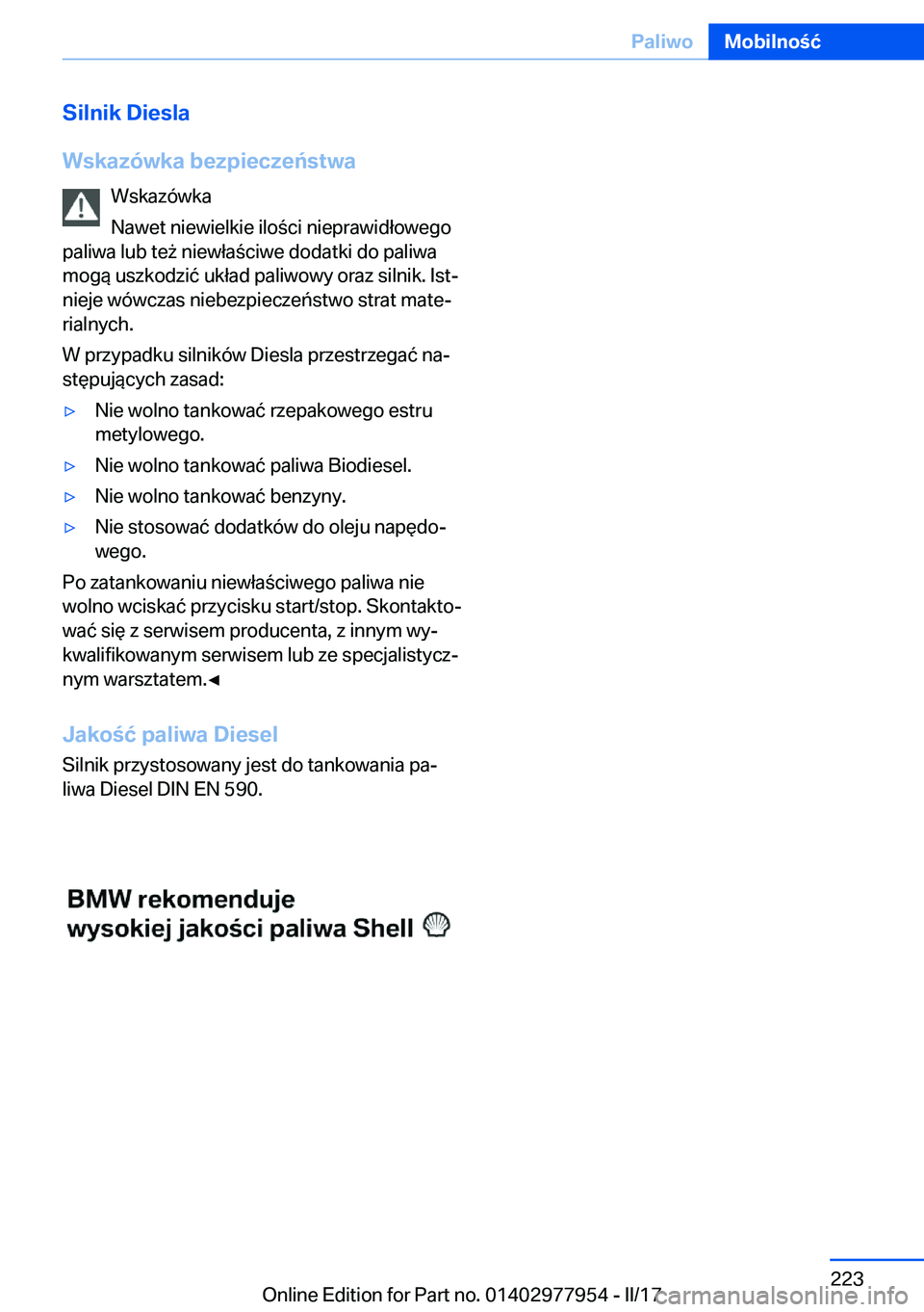 BMW 3 SERIES 2017  Instrukcja obsługi (in Polish) �S�i�l�n�i�k��D�i�e�s�l�a
�W�s�k�a�z�