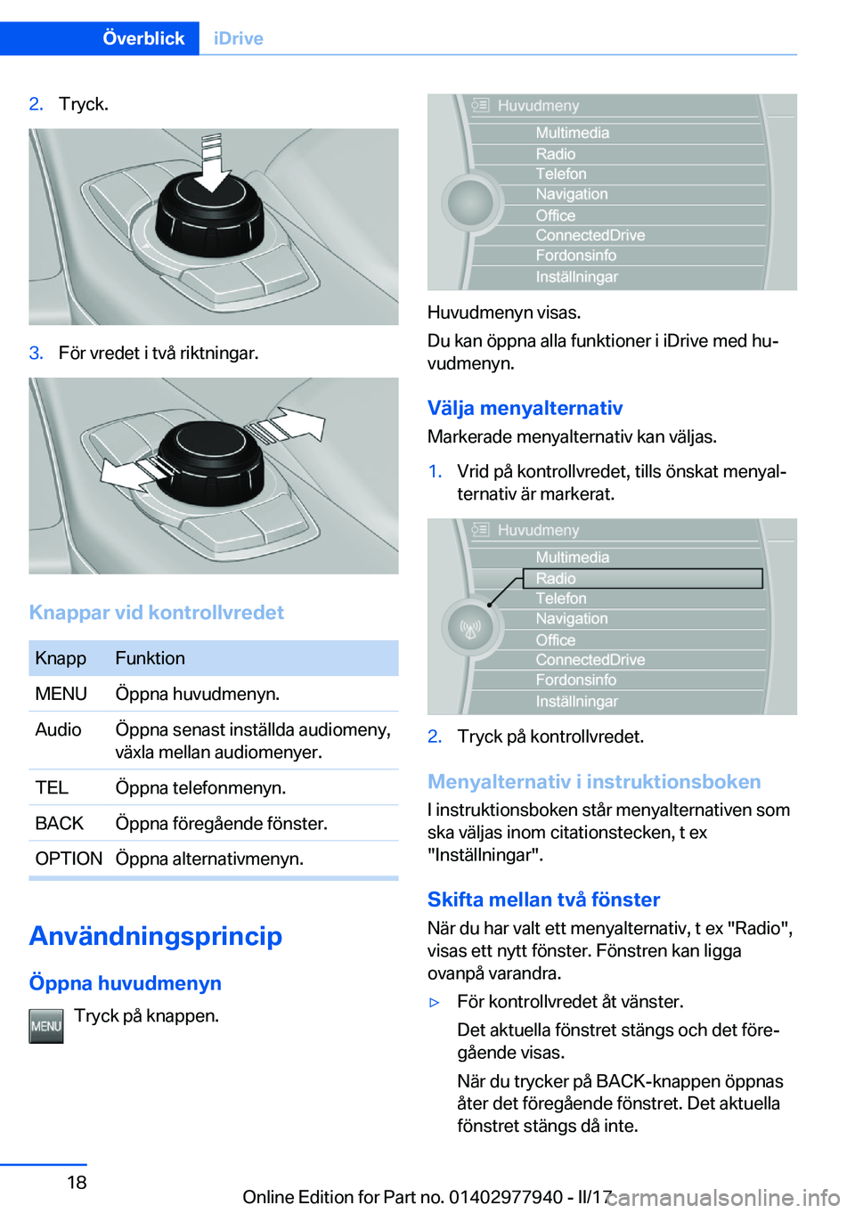 BMW 3 SERIES 2017  InstruktionsbÖcker (in Swedish) �2�.�T�r�y�c�k�.�3�.�F�
