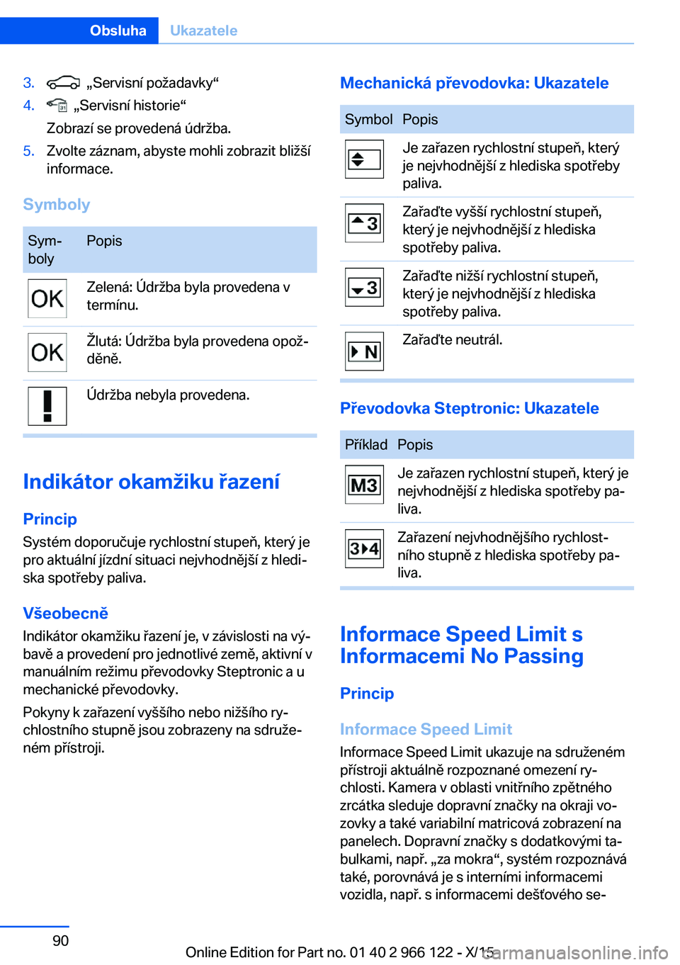 BMW 3 SERIES 2016 Návod na použití (in Czech) 3. „Servisní požadavky“4. „Servisní historie“
Zobrazí se provedená údržba.5.Zvolte záznam, abyste mohli zobrazit bližší
informace.
Symboly
Sym‐
bolyPopisZelená: Údržba byla p BMW 3 SERIES 2016 Návod na použití (in Czech) 3. „Servisní požadavky“4. „Servisní historie“
Zobrazí se provedená údržba.5.Zvolte záznam, abyste mohli zobrazit bližší
informace.
Symboly
Sym‐
bolyPopisZelená: Údržba byla p