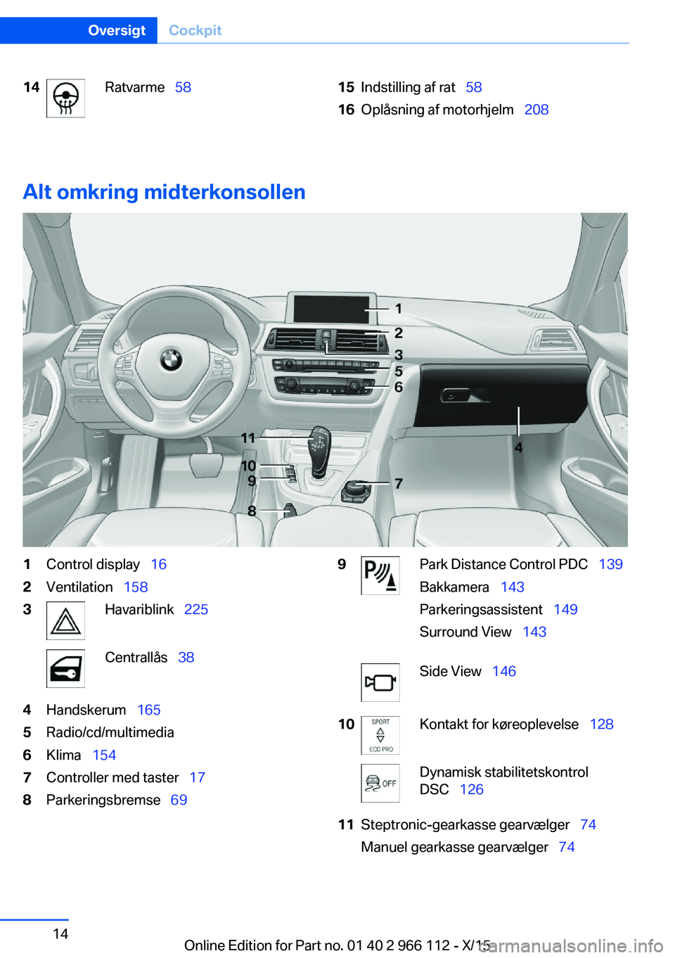 BMW 3 SERIES 2016 InstruktionsbØger (in Danish) 14Ratvarme 5815Indstilling af rat 5816Oplåsning af motorhjelm 208
Alt omkring midterkonsollen
1Control display 162Ventilation 1583Havariblink 225Centrallås 384H BMW 3 SERIES 2016 InstruktionsbØger (in Danish) 14Ratvarme 5815Indstilling af rat 5816Oplåsning af motorhjelm 208
Alt omkring midterkonsollen
1Control display 162Ventilation 1583Havariblink 225Centrallås 384H