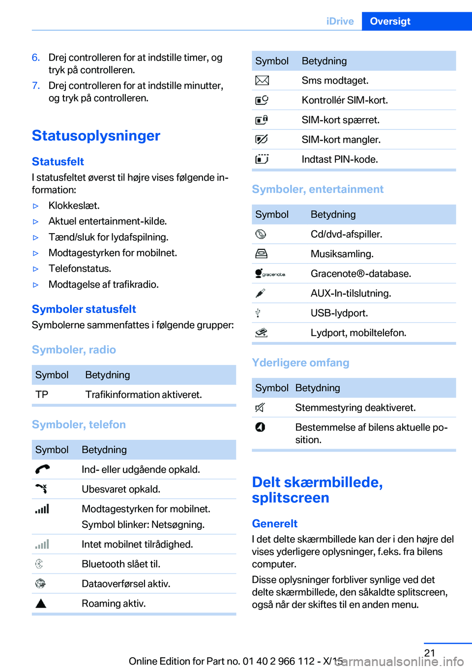 BMW 3 SERIES 2016  InstruktionsbØger (in Danish) 6.Drej controlleren for at indstille timer, og
tryk på controlleren.7.Drej controlleren for at indstille minutter,
og tryk på controlleren.
Statusoplysninger
Statusfelt I statusfeltet øverst til h�