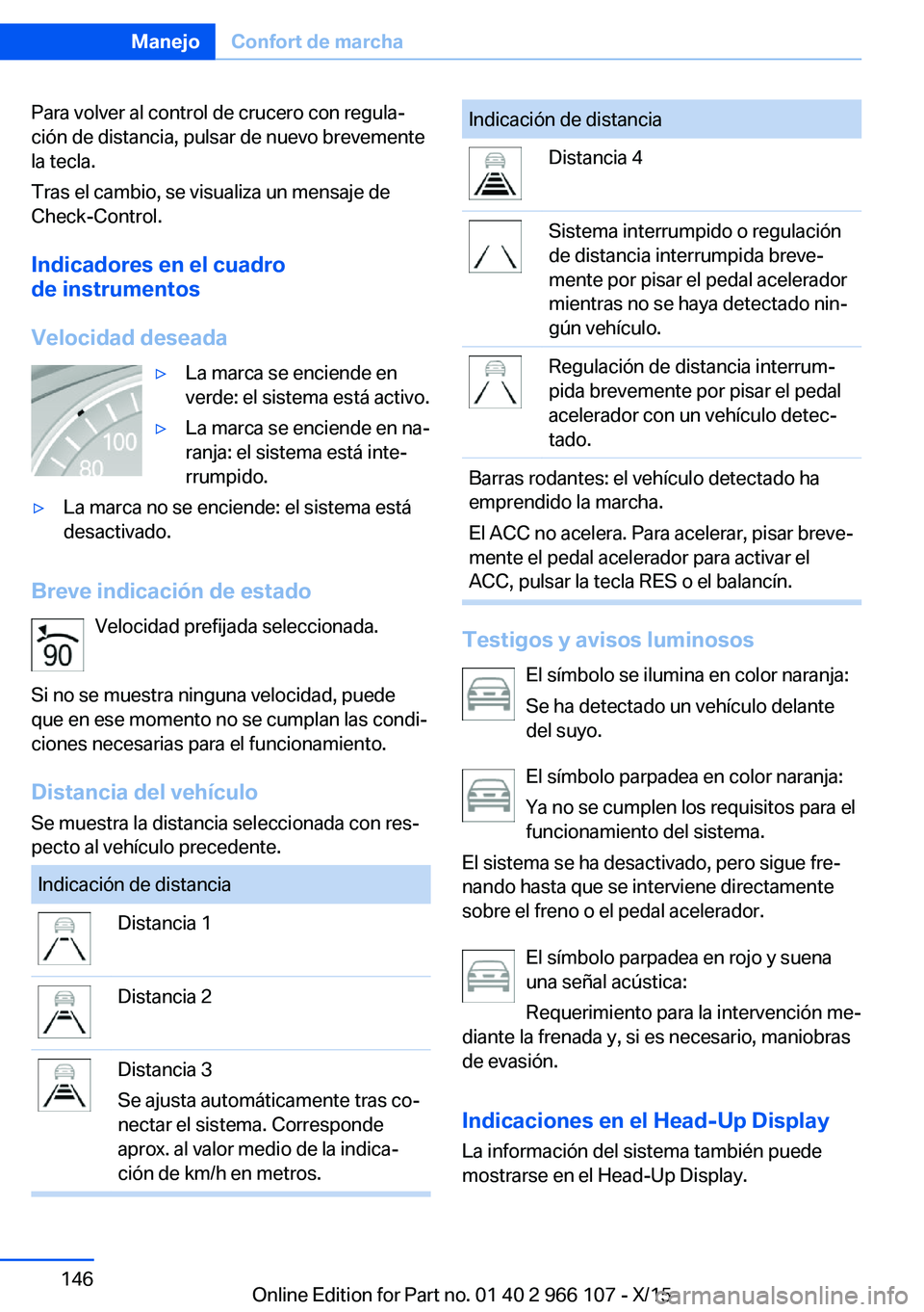 BMW 3 SERIES 2016 Manuales de Empleo (in Spanish) Para volver al control de crucero con regula‐
ción de distancia, pulsar de nuevo brevemente
la tecla.
Tras el cambio, se visualiza un mensaje de
Check-Control.
Indicadores en el cuadro
de instrumen BMW 3 SERIES 2016 Manuales de Empleo (in Spanish) Para volver al control de crucero con regula‐
ción de distancia, pulsar de nuevo brevemente
la tecla.
Tras el cambio, se visualiza un mensaje de
Check-Control.
Indicadores en el cuadro
de instrumen