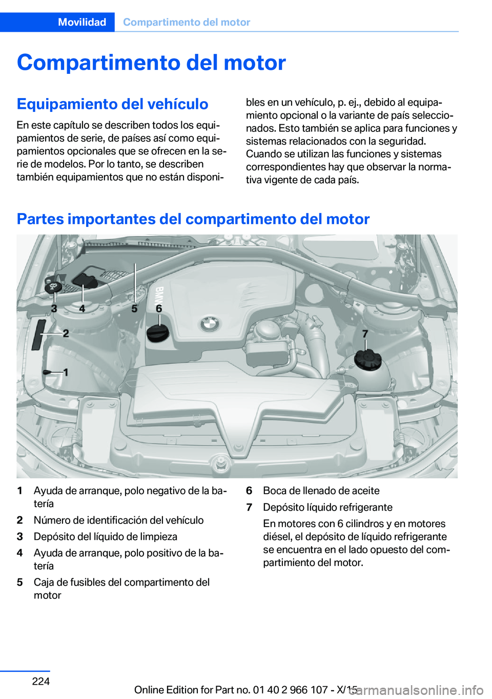 BMW 3 SERIES 2016  Manuales de Empleo (in Spanish) Compartimento del motorEquipamiento del vehículoEn este capítulo se describen todos los equi‐
pamientos de serie, de países así como equi‐
pamientos opcionales que se ofrecen en la se‐
rie d