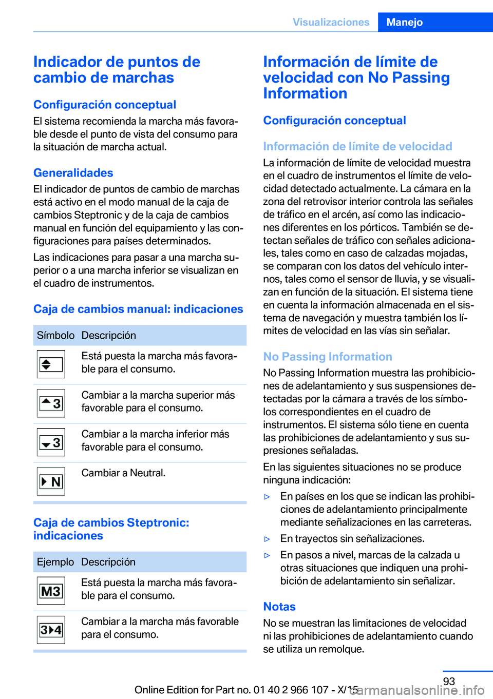 BMW 3 SERIES 2016 Manuales de Empleo (in Spanish) Indicador de puntos de
cambio de marchas
Configuración conceptual
El sistema recomienda la marcha más favora‐
ble desde el punto de vista del consumo para
la situación de marcha actual.
Generalid BMW 3 SERIES 2016 Manuales de Empleo (in Spanish) Indicador de puntos de
cambio de marchas
Configuración conceptual
El sistema recomienda la marcha más favora‐
ble desde el punto de vista del consumo para
la situación de marcha actual.
Generalid