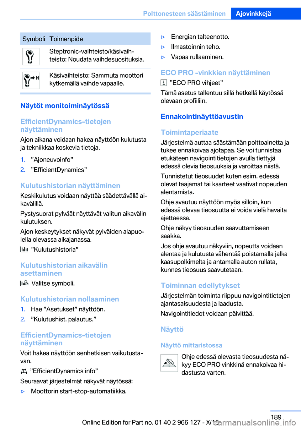 BMW 3 SERIES 2016 Omistajan Käsikirja (in Finnish) SymboliToimenpideSteptronic-vaihteisto/käsivaih‐
teisto: Noudata vaihdesuosituksia.Käsivaihteisto: Sammuta moottori
kytkemällä vaihde vapaalle.
Näytöt monitoiminäytössä
EfficientDynamics-ti BMW 3 SERIES 2016 Omistajan Käsikirja (in Finnish) SymboliToimenpideSteptronic-vaihteisto/käsivaih‐
teisto: Noudata vaihdesuosituksia.Käsivaihteisto: Sammuta moottori
kytkemällä vaihde vapaalle.
Näytöt monitoiminäytössä
EfficientDynamics-ti