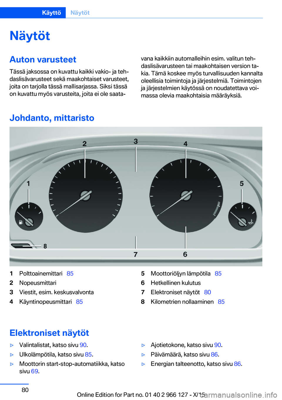 BMW 3 SERIES 2016  Omistajan Käsikirja (in Finnish) NäytötAuton varusteet
Tässä jaksossa on kuvattu kaikki vakio- ja teh‐
daslisävarusteet sekä maakohtaiset varusteet,
joita on tarjolla tässä mallisarjassa. Siksi tässä
on kuvattu myös varu