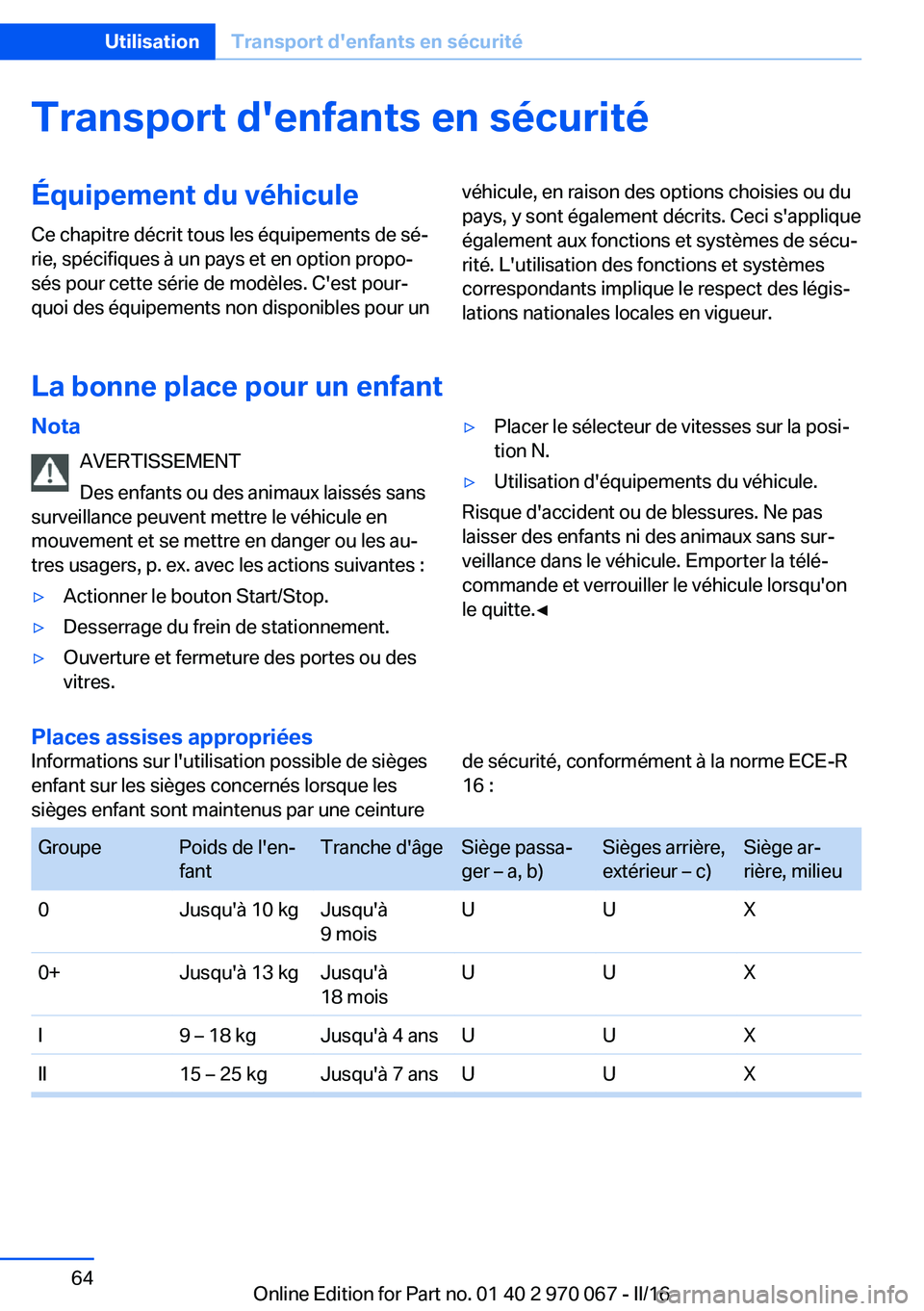 BMW 3 SERIES 2016  Notices Demploi (in French) Transport d'enfants en sécuritéÉquipement du véhiculeCe chapitre décrit tous les équipements de sé‐
rie, spécifiques à un pays et en option propo‐
sés pour cette série de modèles. 