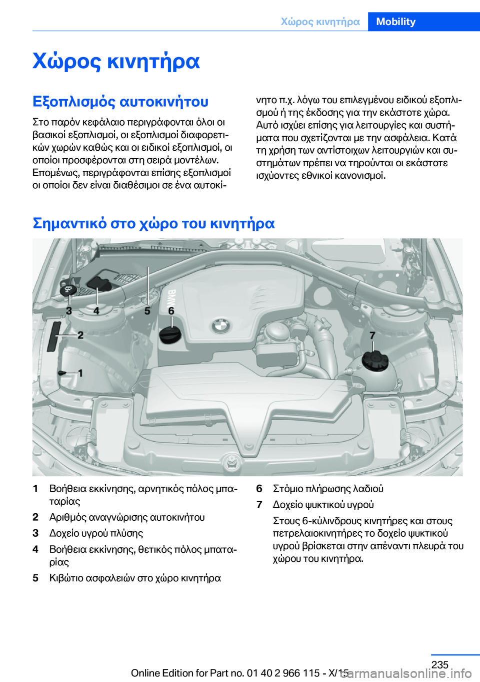 BMW 3 SERIES 2016  ΟΔΗΓΌΣ ΧΡΉΣΗΣ (in Greek) Χώρος κινητήραΕξοπλισμός αυτοκινήτου
Στο παρόν κεφάλαιο περιγράφονται όλοι οι
βασικοί εξοπλισμοί, οι εξοπλ
