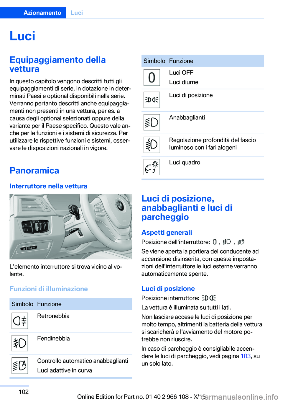 BMW 3 SERIES 2016 Libretti Di Uso E manutenzione (in Italian) LuciEquipaggiamento della
vettura
In questo capitolo vengono descritti tutti gli
equipaggiamenti di serie, in dotazione in deter‐
minati Paesi e optional disponibili nella serie.
Verranno pertanto d BMW 3 SERIES 2016 Libretti Di Uso E manutenzione (in Italian) LuciEquipaggiamento della
vettura
In questo capitolo vengono descritti tutti gli
equipaggiamenti di serie, in dotazione in deter‐
minati Paesi e optional disponibili nella serie.
Verranno pertanto d