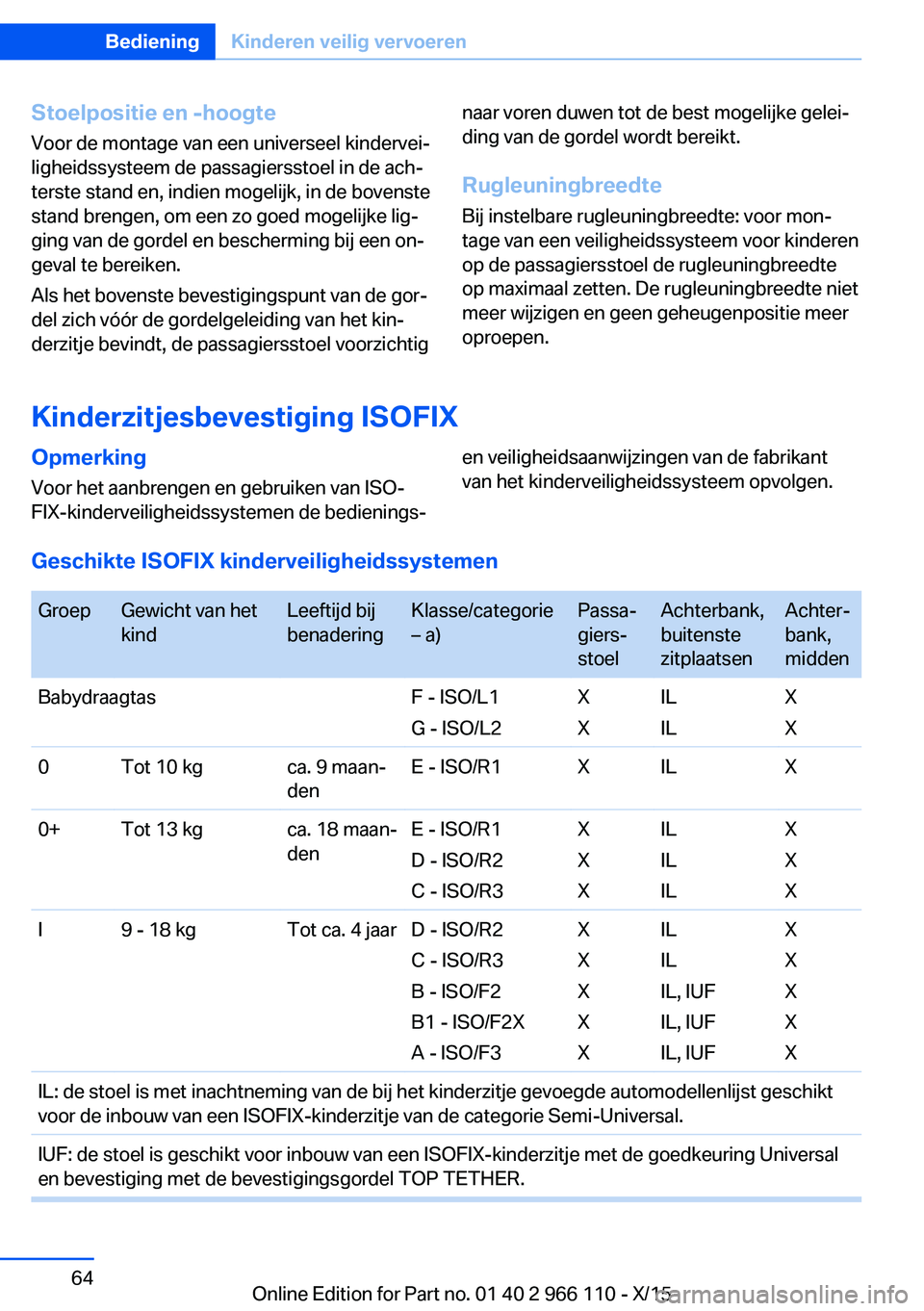 BMW 3 SERIES 2016  Instructieboekjes (in Dutch) Stoelpositie en -hoogteVoor de montage van een universeel kindervei‐
ligheidssysteem de passagiersstoel in de ach‐
terste stand en, indien mogelijk, in de bovenste
stand brengen, om een zo goed mo