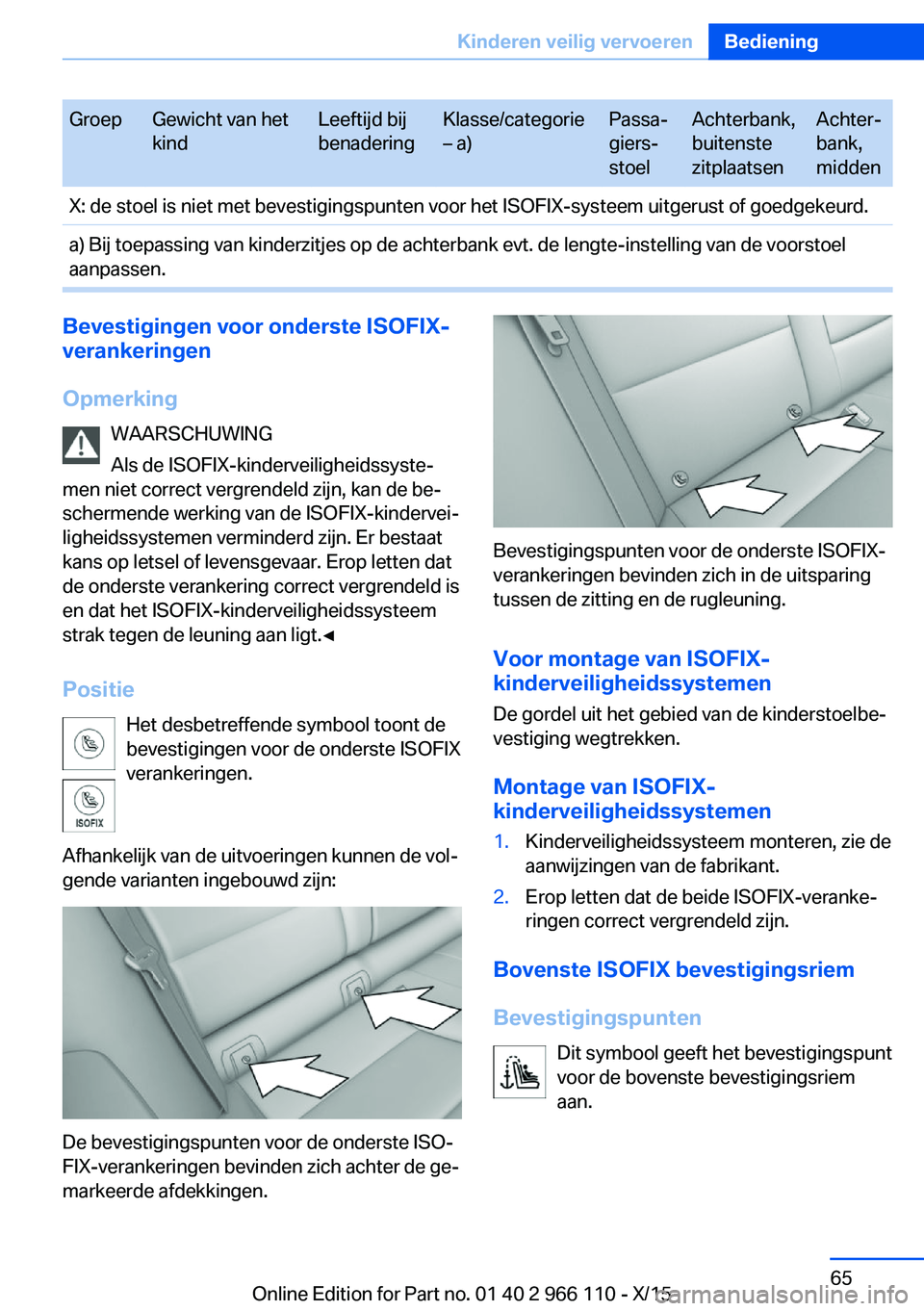 BMW 3 SERIES 2016  Instructieboekjes (in Dutch) GroepGewicht van het
kindLeeftijd bij
benaderingKlasse/categorie
– a)Passa‐
giers‐
stoelAchterbank,
buitenste
zitplaatsenAchter‐
bank,
middenX: de stoel is niet met bevestigingspunten voor het