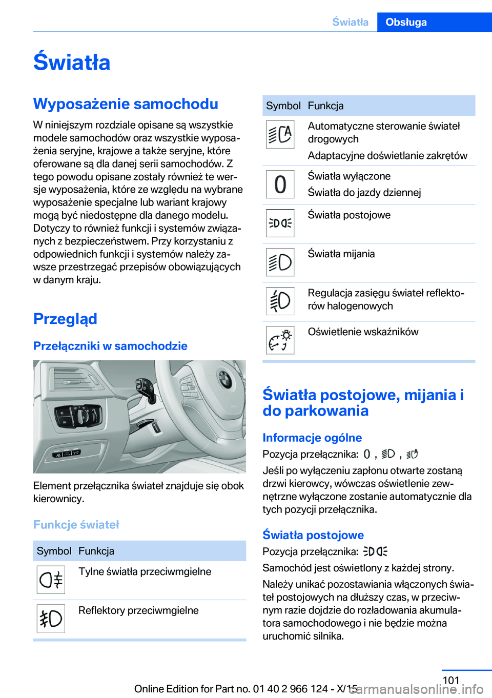 BMW 3 SERIES 2016 Instrukcja obsługi (in Polish) ŚwiatłaWyposażenie samochoduW niniejszym rozdziale opisane są wszystkie
modele samochodów oraz wszystkie wyposa‐
żenia seryjne, krajowe a także seryjne, które
oferowane są dla danej serii s BMW 3 SERIES 2016 Instrukcja obsługi (in Polish) ŚwiatłaWyposażenie samochoduW niniejszym rozdziale opisane są wszystkie
modele samochodów oraz wszystkie wyposa‐
żenia seryjne, krajowe a także seryjne, które
oferowane są dla danej serii s