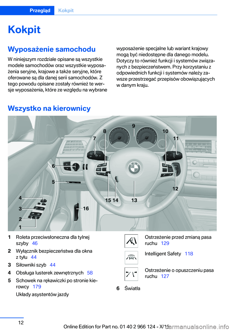 BMW 3 SERIES 2016  Instrukcja obsługi (in Polish) KokpitWyposażenie samochoduW niniejszym rozdziale opisane są wszystkie
modele samochodów oraz wszystkie wyposa‐
żenia seryjne, krajowe a także seryjne, które
oferowane są dla danej serii samo