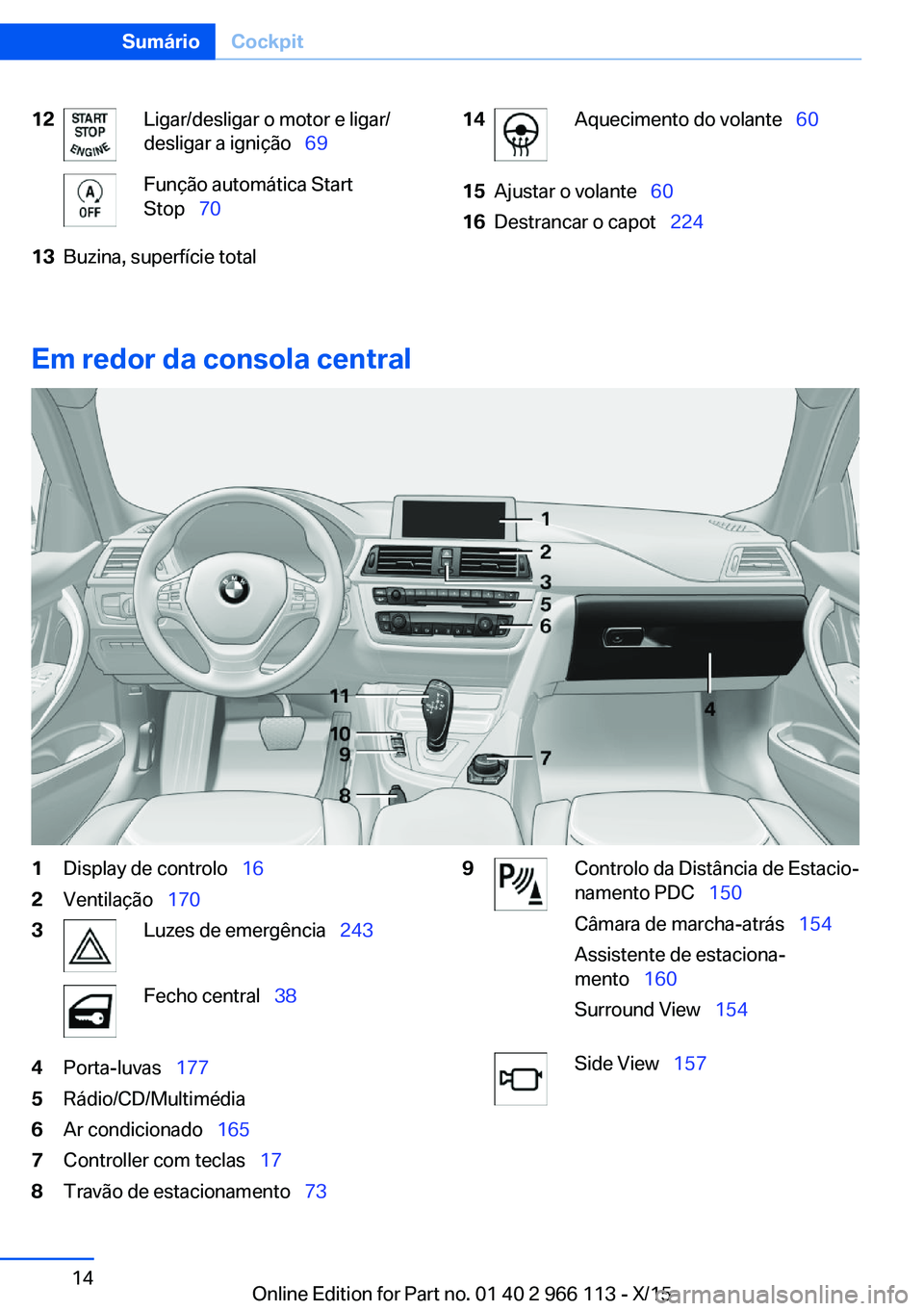 BMW 3 SERIES 2016 Manual do condutor (in Portuguese) 12Ligar/desligar o motor e ligar/
desligar a ignição 69Função automática Start
Stop 7013Buzina, superfície total14Aquecimento do volante 6015Ajustar o volante 6016Destranc BMW 3 SERIES 2016 Manual do condutor (in Portuguese) 12Ligar/desligar o motor e ligar/
desligar a ignição 69Função automática Start
Stop 7013Buzina, superfície total14Aquecimento do volante 6015Ajustar o volante 6016Destranc