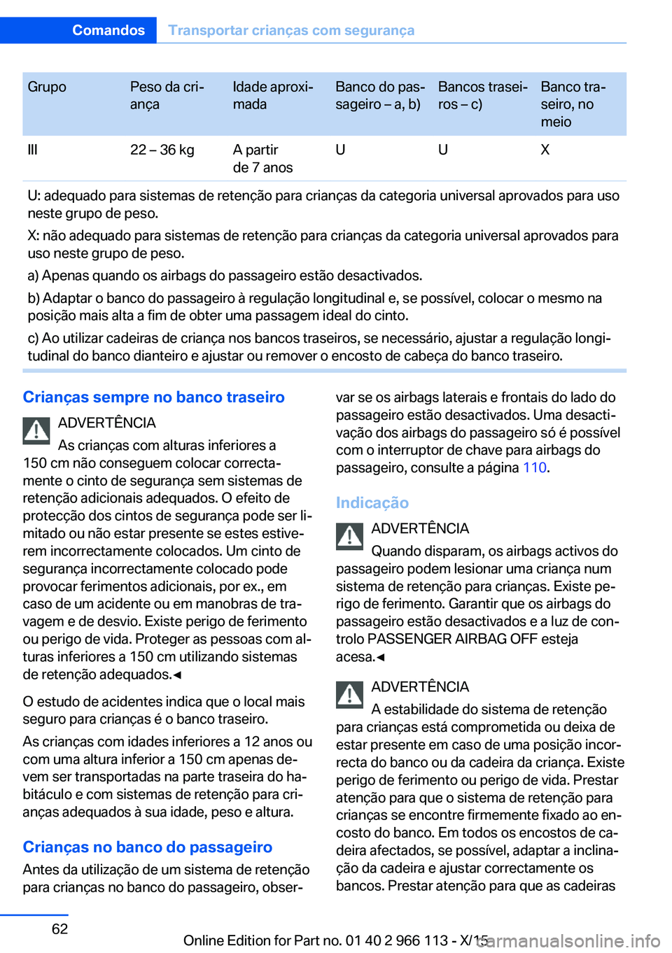 BMW 3 SERIES 2016 Manual do condutor (in Portuguese) GrupoPeso da cri‐
ançaIdade aproxi‐
madaBanco do pas‐
sageiro – a, b)Bancos trasei‐
ros – c)Banco tra‐
seiro, no
meioIII22 – 36 kgA partir
de 7 anosUUXU: adequado para sistemas de ret BMW 3 SERIES 2016 Manual do condutor (in Portuguese) GrupoPeso da cri‐
ançaIdade aproxi‐
madaBanco do pas‐
sageiro – a, b)Bancos trasei‐
ros – c)Banco tra‐
seiro, no
meioIII22 – 36 kgA partir
de 7 anosUUXU: adequado para sistemas de ret