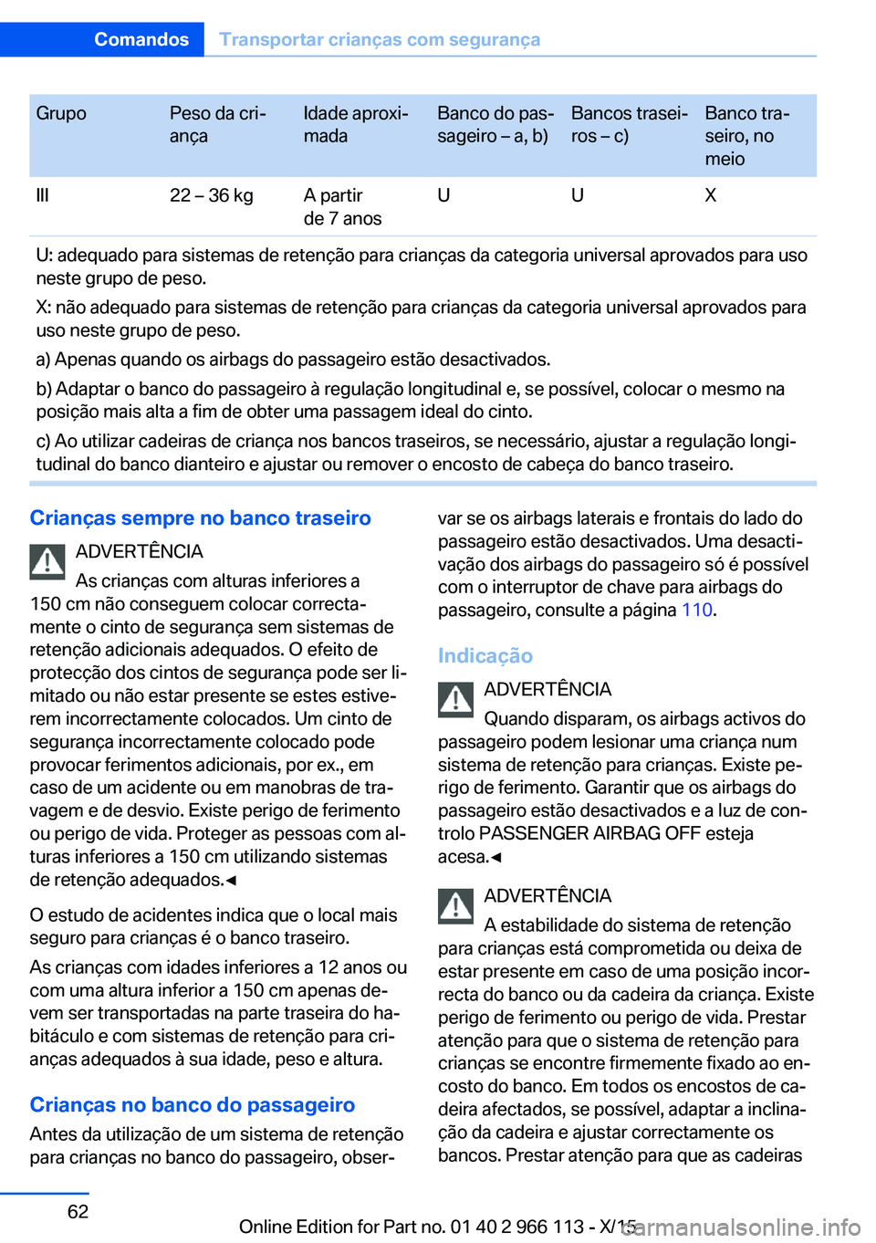 BMW 3 SERIES 2016  Manual do condutor (in Portuguese) GrupoPeso da cri‐
ançaIdade aproxi‐
madaBanco do pas‐
sageiro – a, b)Bancos trasei‐
ros – c)Banco tra‐
seiro, no
meioIII22 – 36 kgA partir
de 7 anosUUXU: adequado para sistemas de ret