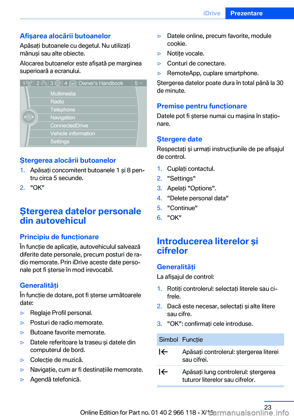 BMW 3 SERIES 2016  Ghiduri De Utilizare (in Romanian) Afişarea alocării butoanelor
Apăsaţi butoanele cu degetul. Nu utilizaţi
mănuşi sau alte obiecte.
Alocarea butoanelor este afişată pe marginea
superioară a ecranului.
Ştergerea alocării but