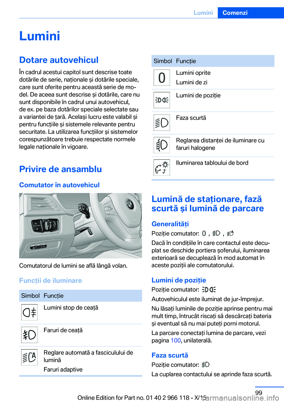 BMW 3 SERIES 2016  Ghiduri De Utilizare (in Romanian) LuminiDotare autovehicul
În cadrul acestui capitol sunt descrise toate
dotările de serie, naţionale şi dotările speciale,
care sunt oferite pentru această serie de mo‐
del. De aceea sunt descr