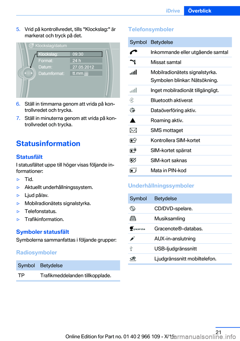 BMW 3 SERIES 2016 InstruktionsbÖcker (in Swedish) 5.Vrid på kontrollvredet, tills "Klockslag:" är
markerat och tryck på det.6.Ställ in timmarna genom att vrida på kon‐
trollvredet och trycka.7.Ställ in minuterna genom att vrida på ko BMW 3 SERIES 2016 InstruktionsbÖcker (in Swedish) 5.Vrid på kontrollvredet, tills "Klockslag:" är
markerat och tryck på det.6.Ställ in timmarna genom att vrida på kon‐
trollvredet och trycka.7.Ställ in minuterna genom att vrida på ko
