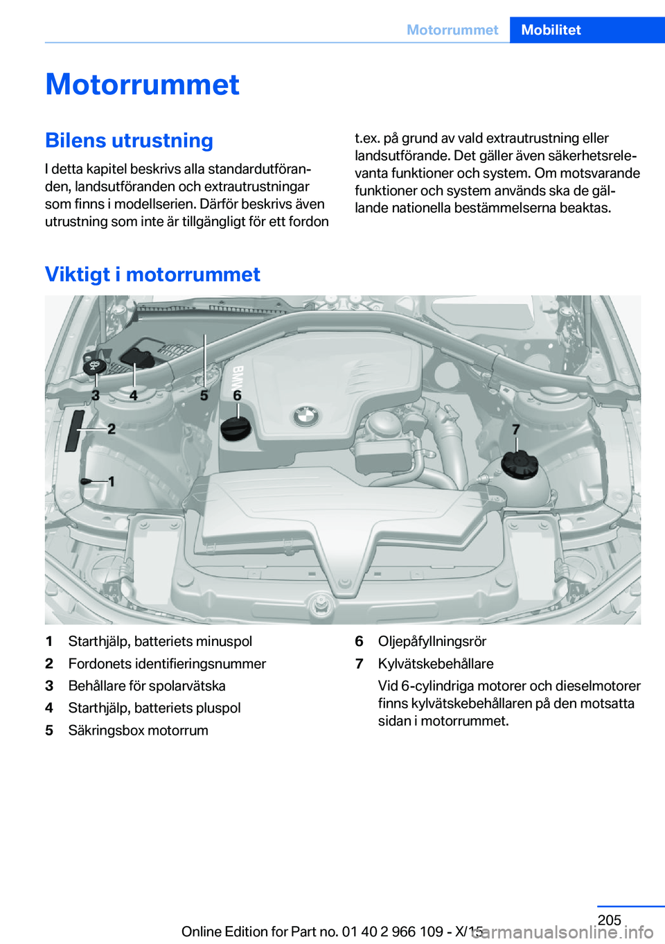 BMW 3 SERIES 2016  InstruktionsbÖcker (in Swedish) MotorrummetBilens utrustning
I detta kapitel beskrivs alla standardutföran‐
den, landsutföranden och extrautrustningar
som finns i modellserien. Därför beskrivs även
utrustning som inte är til