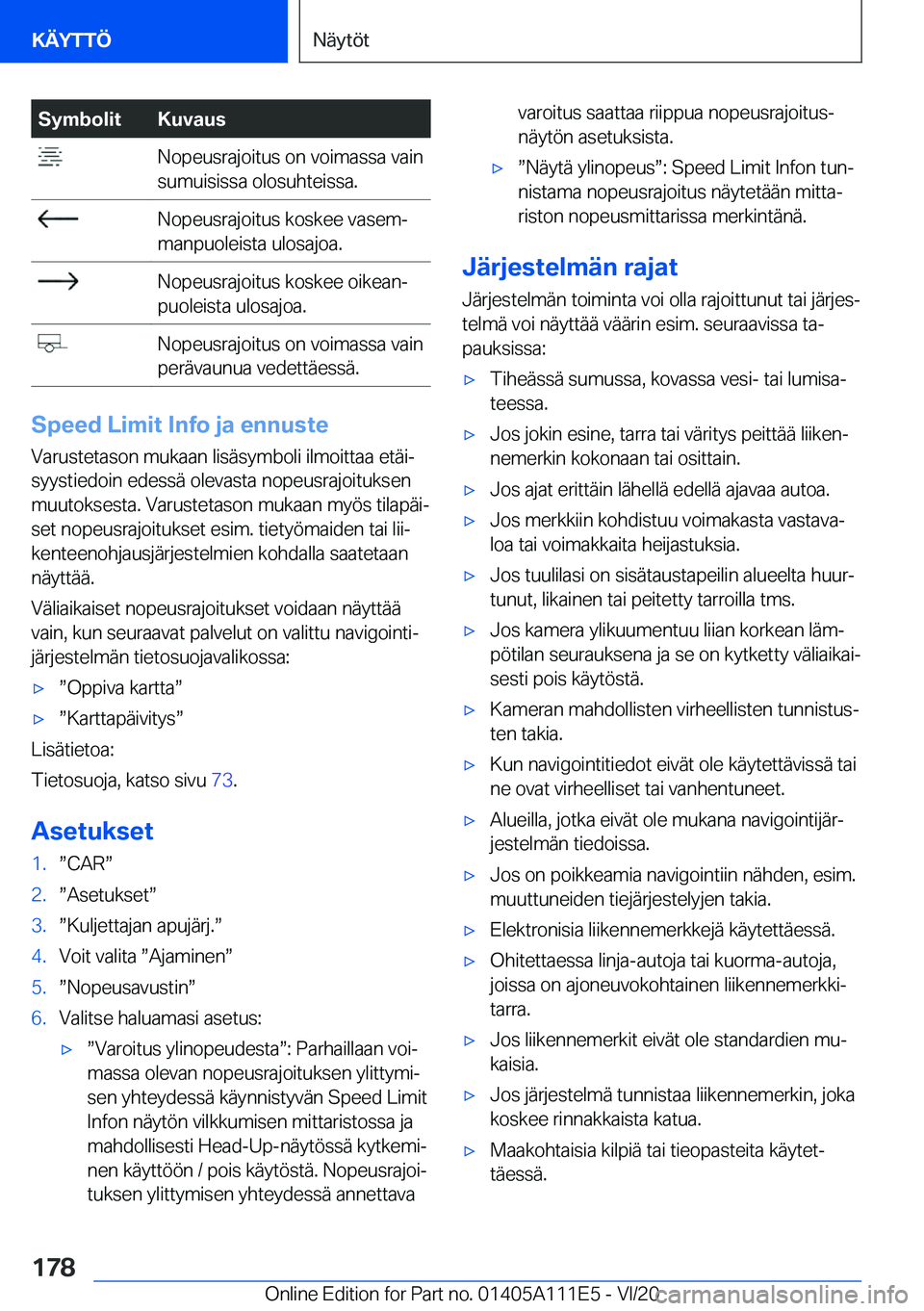 BMW 3 SERIES SEDAN PLUG-IN HYBRID 2021  Omistajan Käsikirja (in Finnish) �S�y�m�b�o�l�i�t�K�u�v�a�u�s��N�o�p�e�u�s�r�a�j�o�i�t�u�s��o�n��v�o�i�m�a�s�s�a��v�a�i�n
�s�u�m�u�i�s�i�s�s�a��o�l�o�s�u�h�t�e�i�s�s�a�.��N�o�p�e�u�s�r�a�j�o�i�t�u�s��k�o�s�k�e�e��v�a�s�e�mj
