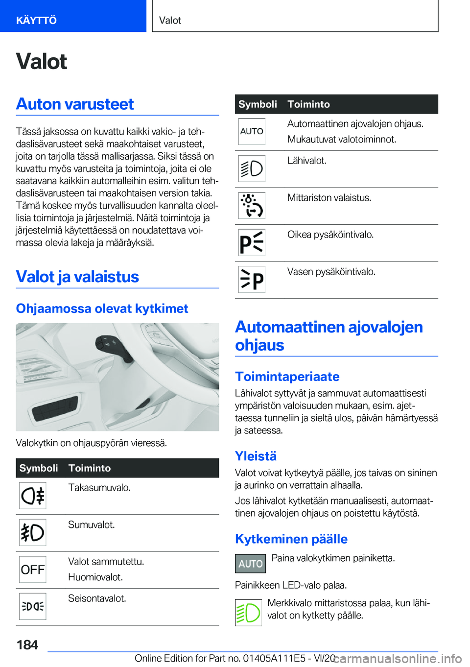 BMW 3 SERIES SEDAN PLUG-IN HYBRID 2021  Omistajan Käsikirja (in Finnish) �V�a�l�o�t�A�u�t�o�n��v�a�r�u�s�t�e�e�t
�T�