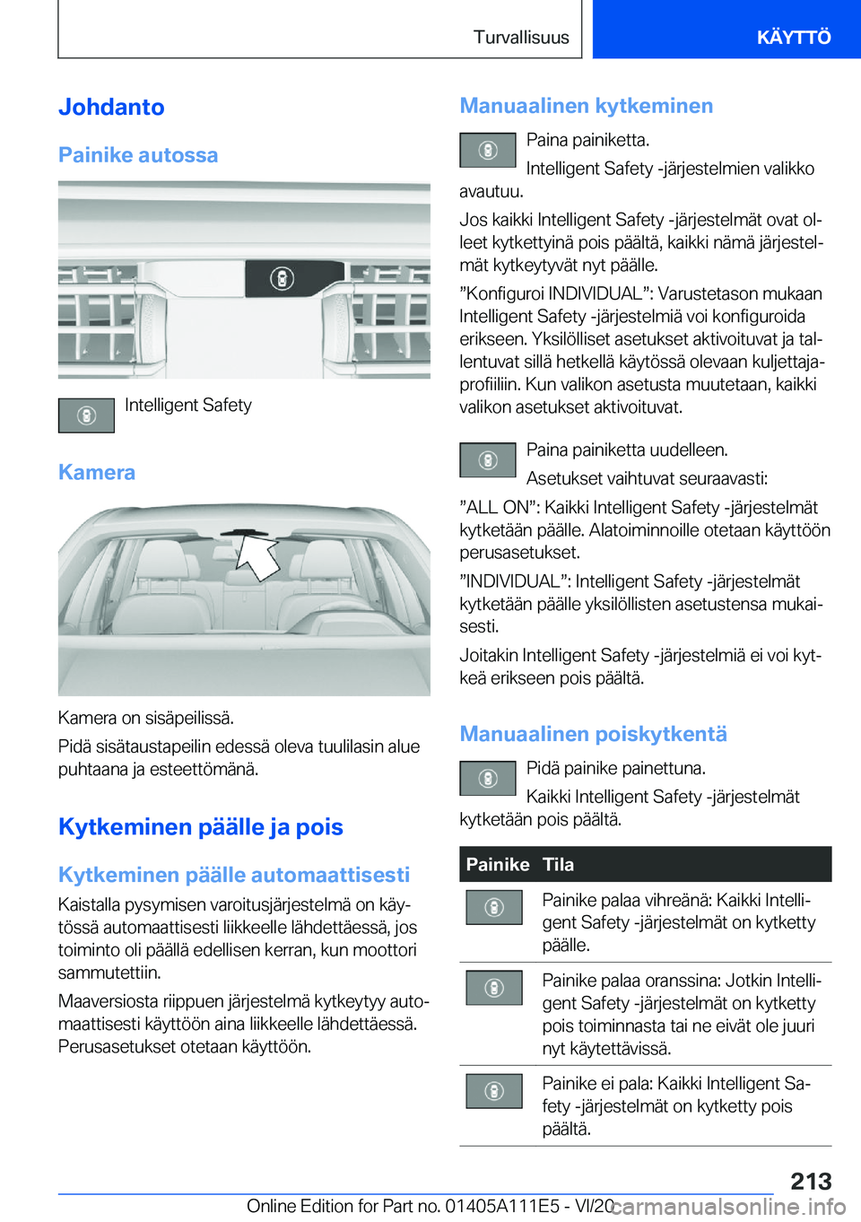 BMW 3 SERIES SEDAN PLUG-IN HYBRID 2021  Omistajan Käsikirja (in Finnish) �J�o�h�d�a�n�t�o
�P�a�i�n�i�k�e��a�u�t�o�s�s�a
�I�n�t�e�l�l�i�g�e�n�t��S�a�f�e�t�y
�K�a�m�e�r�a
�K�a�m�e�r�a��o�n��s�i�s�