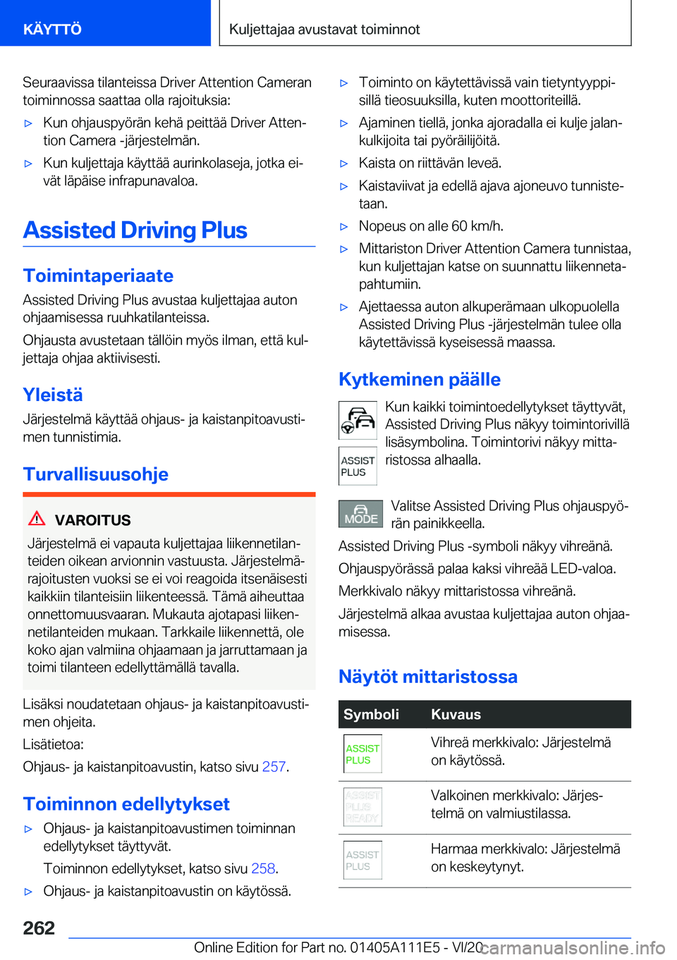 BMW 3 SERIES SEDAN PLUG-IN HYBRID 2021  Omistajan Käsikirja (in Finnish) �S�e�u�r�a�a�v�i�s�s�a��t�i�l�a�n�t�e�i�s�s�a��D�r�i�v�e�r��A�t�t�e�n�t�i�o�n��C�a�m�e�r�a�n
�t�o�i�m�i�n�n�o�s�s�a��s�a�a�t�t�a�a��o�l�l�a��r�a�j�o�i�t�u�k�s�i�a�:'x�K�u�n��o�h�j�a�u�s�p�
