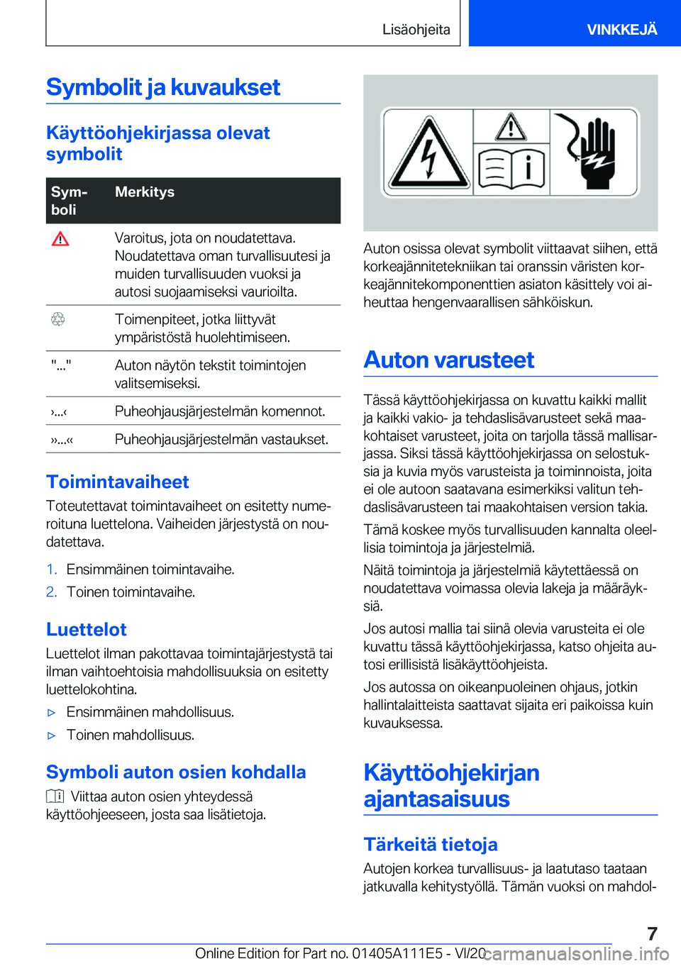 BMW 3 SERIES SEDAN PLUG-IN HYBRID 2021  Omistajan Käsikirja (in Finnish) �S�y�m�b�o�l�i�t��j�a��k�u�v�a�u�k�s�e�t
�K�