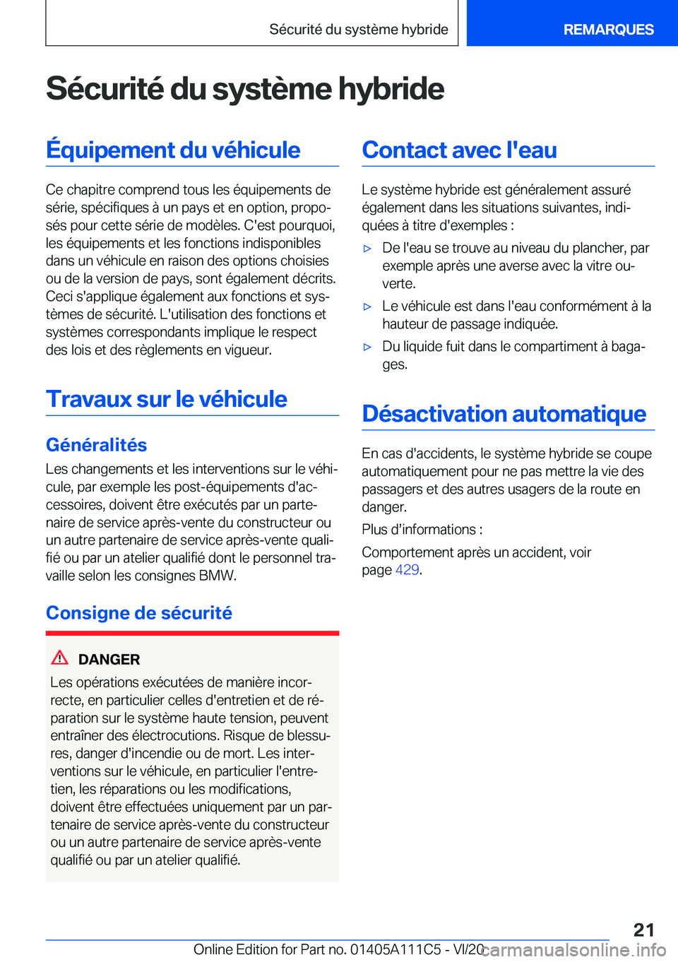 BMW 3 SERIES SEDAN PLUG-IN HYBRID 2021  Notices Demploi (in French) �S�é�c�u�r�i�t�é��d�u��s�y�s�t�è�m�e��h�y�b�r�i�d�e�