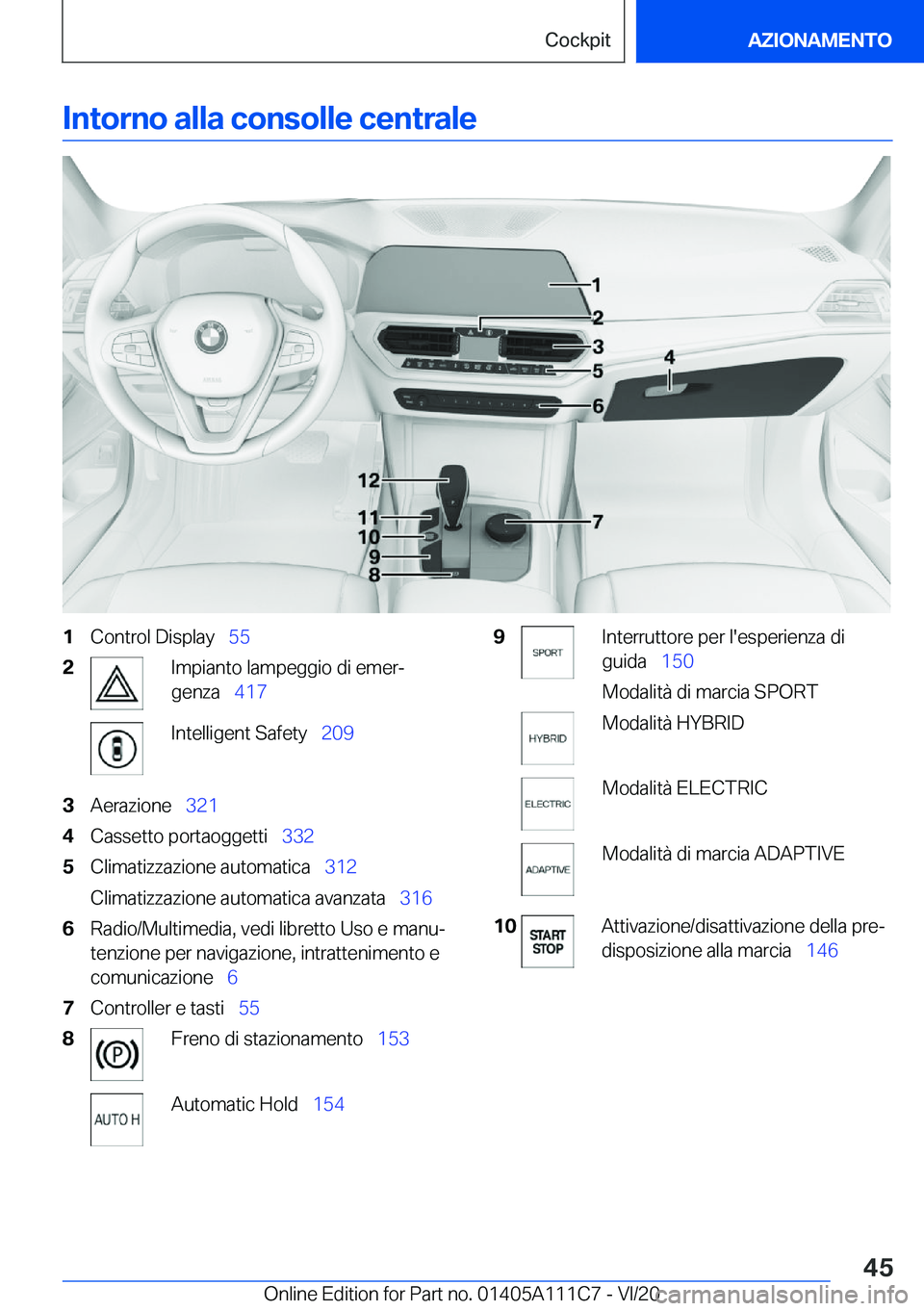 BMW 3 SERIES SEDAN PLUG-IN HYBRID 2021  Libretti Di Uso E manutenzione (in Italian) �I�n�t�o�r�n�o��a�l�l�a��c�o�n�s�o�l�l�e��c�e�n�t�r�a�l�e�1�C�o�n�t�r�o�l��D�i�s�p�l�a�y\_�5�5�2�I�m�p�i�a�n�t�o��l�a�m�p�e�g�g�i�o��d�i��e�m�e�rª
�g�e�n�z�a\_ �4�1�7�I�n�t�e�l�l�i�g�e�n�