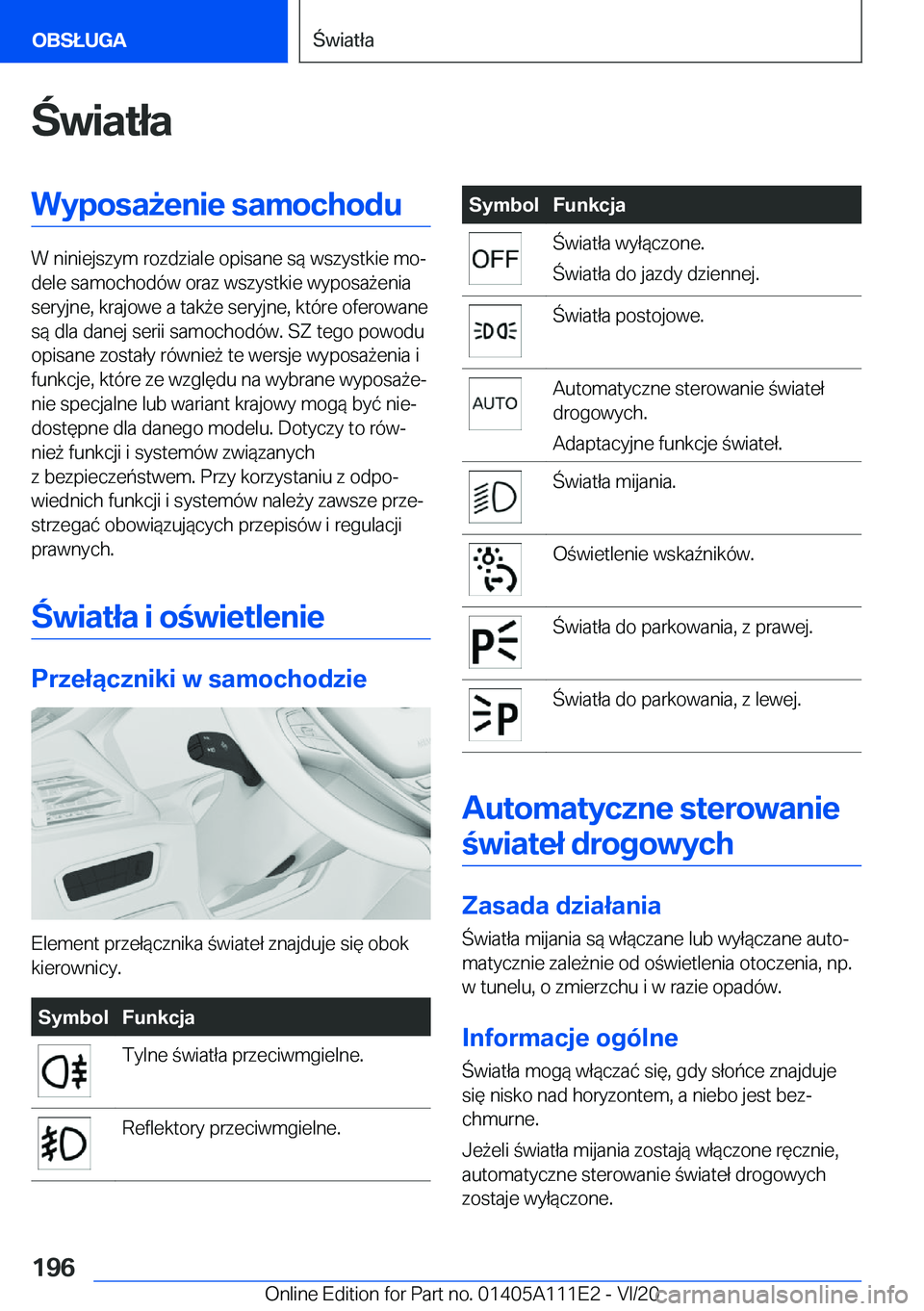 BMW 3 SERIES SEDAN PLUG-IN HYBRID 2021  Instrukcja obsługi (in Polish) �w�i�a�t�ł�a�W�y�p�o�s�a9�e�n�i�e��s�a�m�o�c�h�o�d�u
�W��n�i�n�i�e�j�s�z�y�m��r�o�z�d�z�i�a�l�e��o�p�i�s�a�n�e��s�