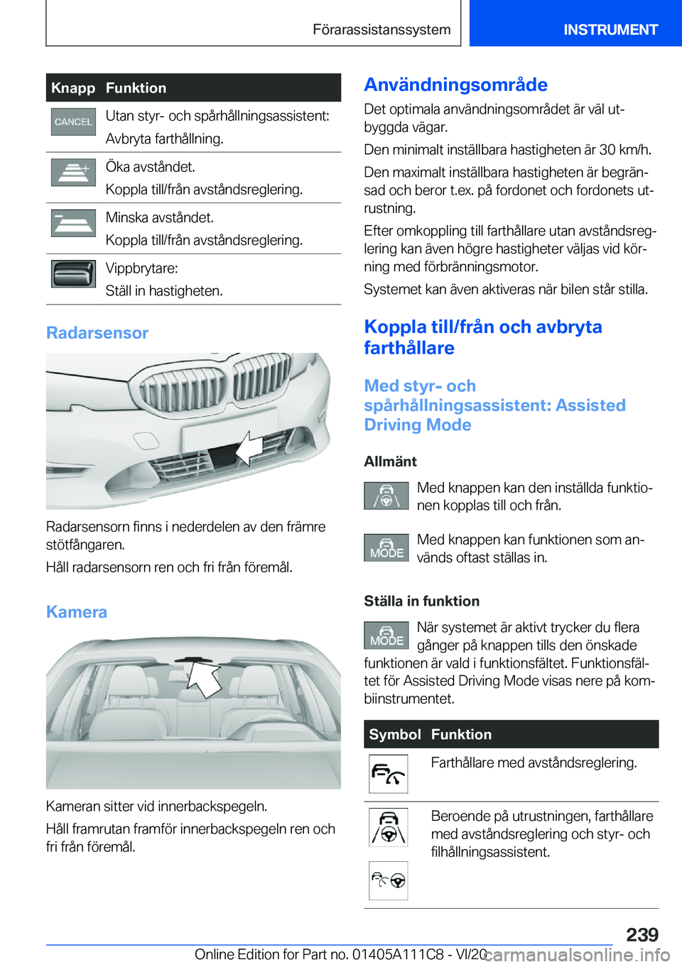 BMW 3 SERIES SEDAN PLUG-IN HYBRID 2021  InstruktionsbÖcker (in Swedish) �K�n�a�p�p�F�u�n�k�t�i�o�n�U�t�a�n��s�t�y�r�-��o�c�h��s�p�å�r�h�å�l�l�n�i�n�g�s�a�s�s�i�s�t�e�n�t�:
�A�v�b�r�y�t�a��f�a�r�t�h�å�l�l�n�i�n�g�.�