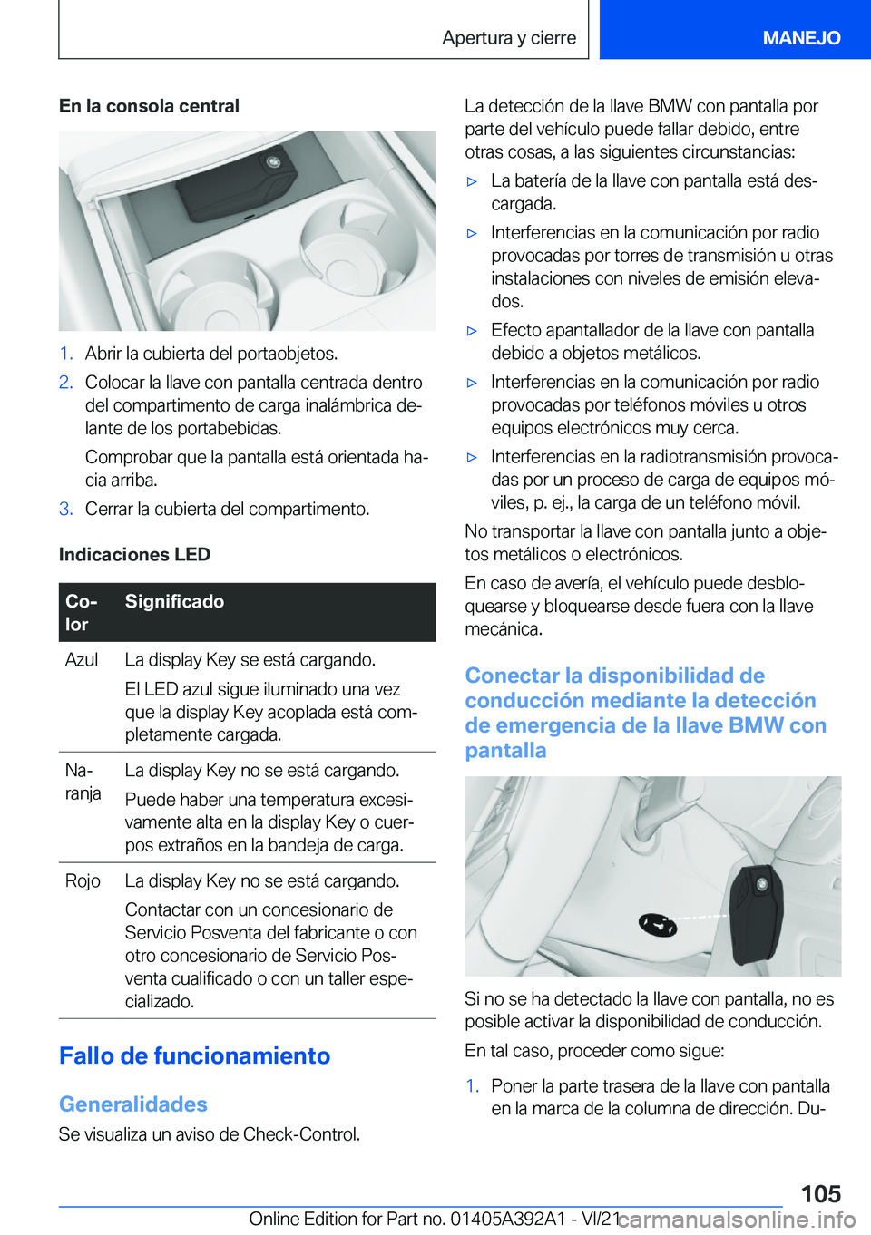 BMW 4 SERIES 2022  Manuales de Empleo (in Spanish) �E�n��l�a��c�o�n�s�o�l�a��c�e�n�t�r�a�l�1�.�A�b�r�i�r��l�a��c�u�b�i�e�r�t�a��d�e�l��p�o�r�t�a�o�b�j�e�t�o�s�.�2�.�C�o�l�o�c�a�r��l�a��l�l�a�v�e��c�o�n��p�a�n�t�a�l�l�a��c�e�n�t�r�a�d�a��d