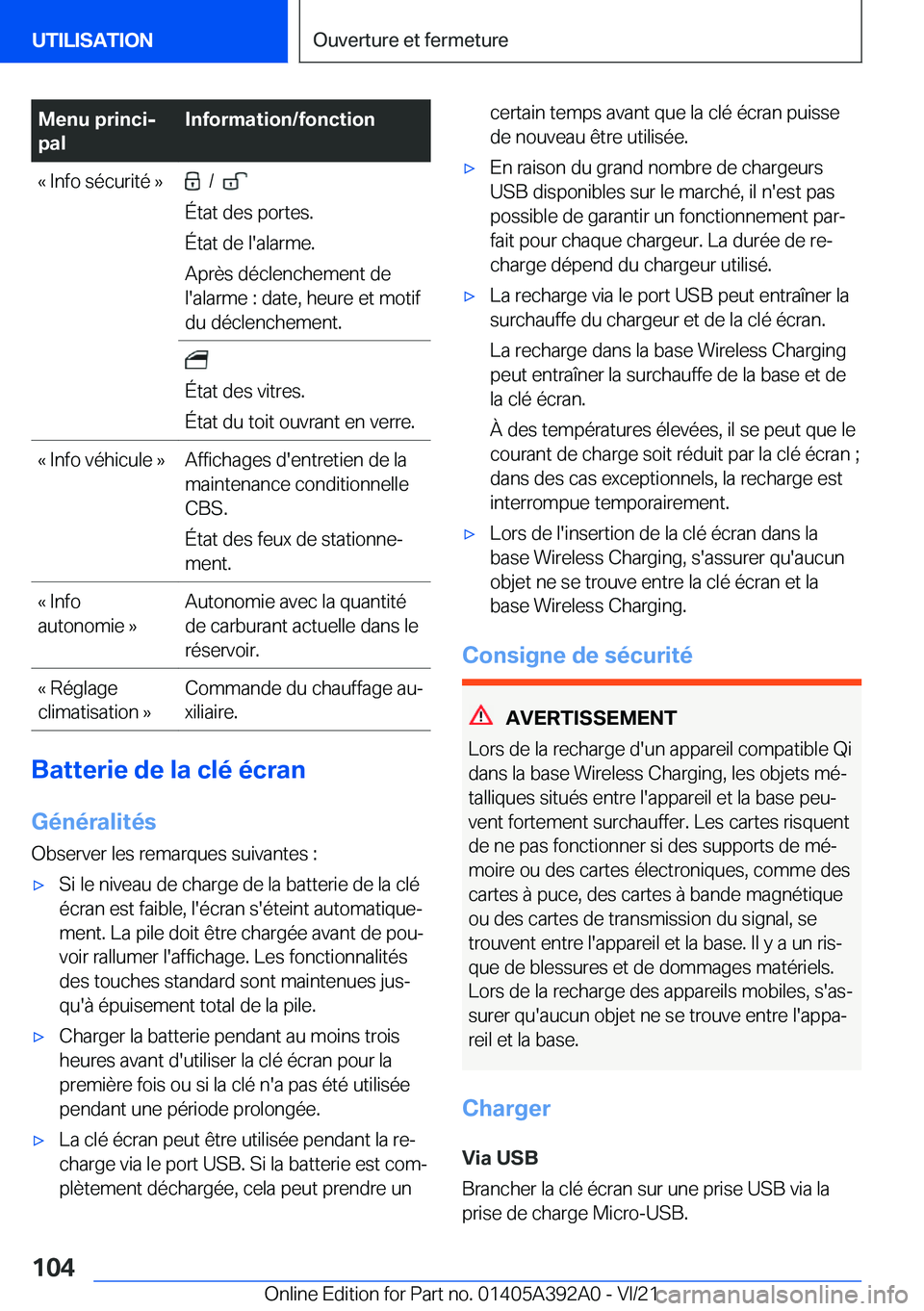BMW 4 SERIES 2022  Notices Demploi (in French) �M�e�n�u��p�r�i�n�c�ij
�p�a�l�I�n�f�o�r�m�a�t�i�o�n�/�f�o�n�c�t�i�o�n�k��I�n�f�o��s�é�c�u�r�i�t�é��{���/���
�É�t�a�t��d�e�s��p�o�r�t�e�s�.
�É�t�a�t��d�e��l�'�a�l�a�r�m�e�.
�A�p�r