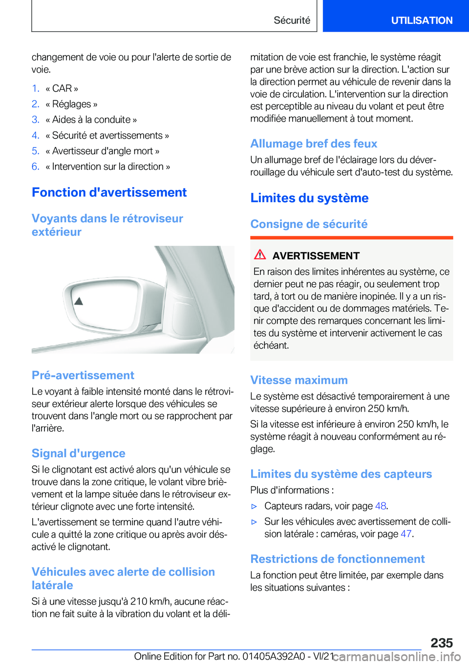 BMW 4 SERIES 2022  Notices Demploi (in French) �c�h�a�n�g�e�m�e�n�t��d�e��v�o�i�e��o�u��p�o�u�r��l�'�a�l�e�r�t�e��d�e��s�o�r�t�i�e��d�e
�v�o�i�e�.�1�.�k��C�A�R��{�2�.�k��R�é�g�l�a�g�e�s��{�3�.�k��A�i�d�e�s��