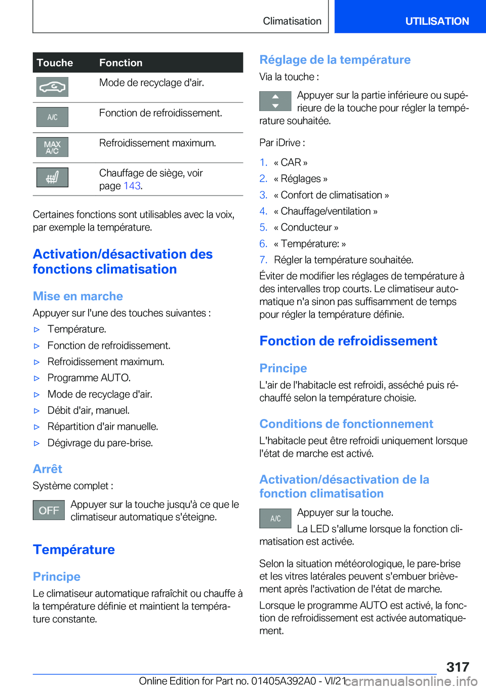 BMW 4 SERIES 2022  Notices Demploi (in French) �T�o�u�c�h�e�F�o�n�c�t�i�o�n�M�o�d�e��d�e��r�e�c�y�c�l�a�g�e��d�'�a�i�r�.�F�o�n�c�t�i�o�n��d�e��r�e�f�r�o�i�d�i�s�s�e�m�e�n�t�.�R�e�f�r�o�i�d�i�s�s�e�m�e�n�t��m�a�x�i�m�u�m�.�C�h�a�u�f�f�a�g