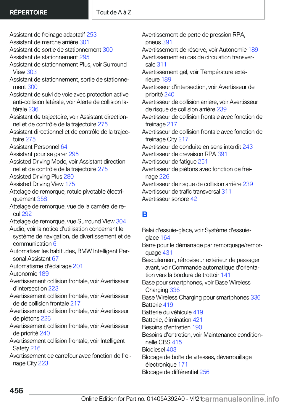 BMW 4 SERIES 2022  Notices Demploi (in French) �A�s�s�i�s�t�a�n�t��d�e��f�r�e�i�n�a�g�e��a�d�a�p�t�a�t�i�f��2�5�3�
�A�s�s�i�s�t�a�n�t��d�e��m�a�r�c�h�e��a�r�r�i�è�r�e� �3�0�1�
�A�s�s�i�s�t�a�n�t��d�e��s�o�r�t�i�e��d�e��s�t�a�t�i�o�n
