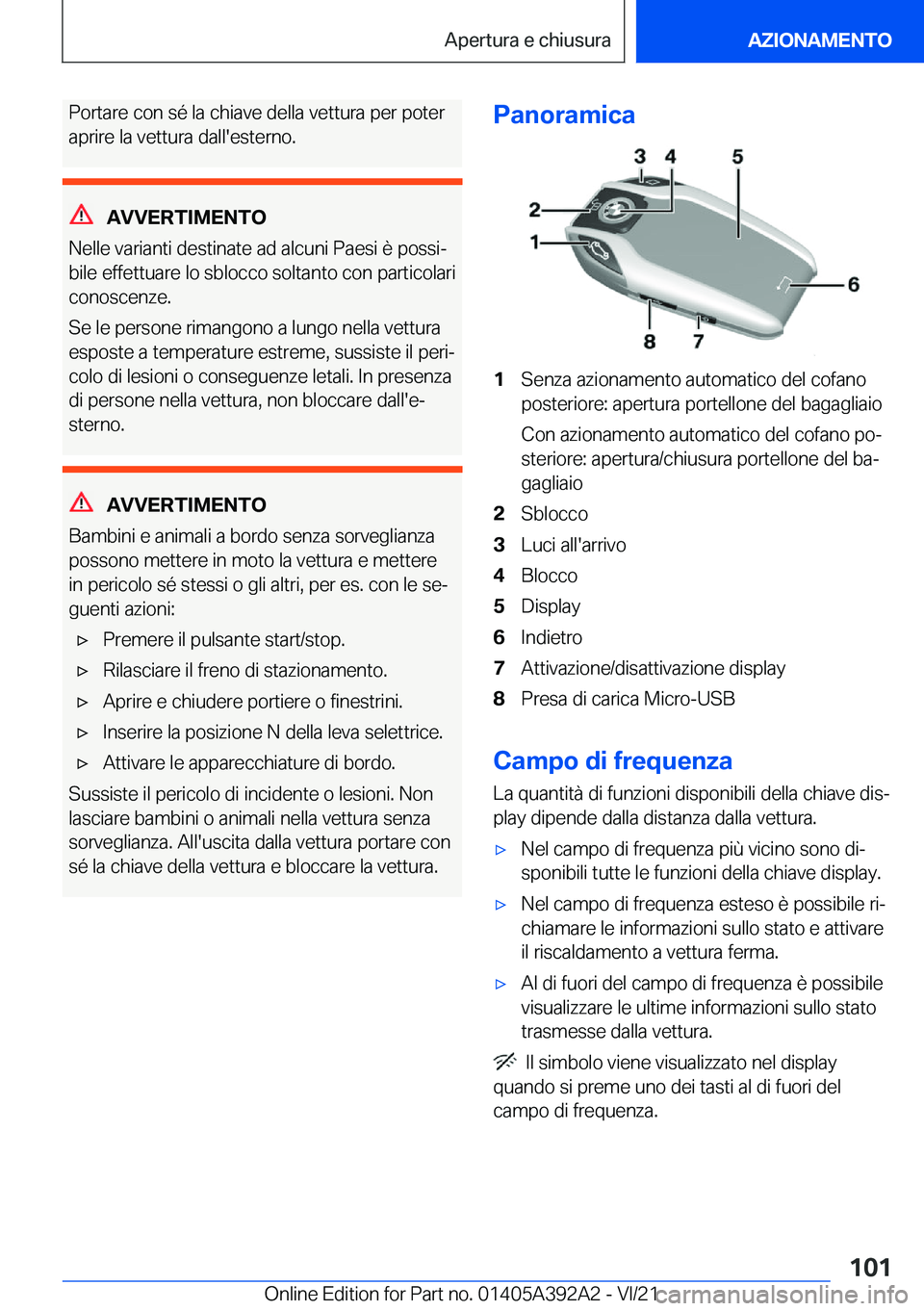BMW 4 SERIES 2022  Libretti Di Uso E manutenzione (in Italian) �P�o�r�t�a�r�e��c�o�n��s�é��l�a��c�h�i�a�v�e��d�e�l�l�a��v�e�t�t�u�r�a��p�e�r��p�o�t�e�r
�a�p�r�i�r�e��l�a��v�e�t�t�u�r�a��d�a�l�l�'�e�s�t�e�r�n�o�.
�A�V�V�E�R�T�I�M�E�N�T�O
�N�e�l�l�e
