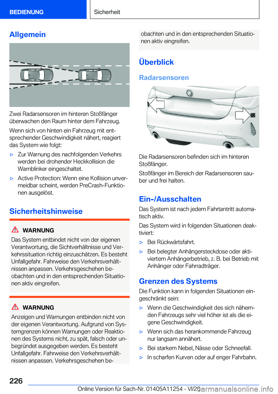 BMW 4 SERIES COUPE 2021  Betriebsanleitungen (in German) �A�l�l�g�e�m�e�i�n
�Z�w�e�i��R�a�d�a�r�s�e�n�s�o�r�e�n��i�m��h�i�n�t�e�r�e�n��S�t�o�ß�f�