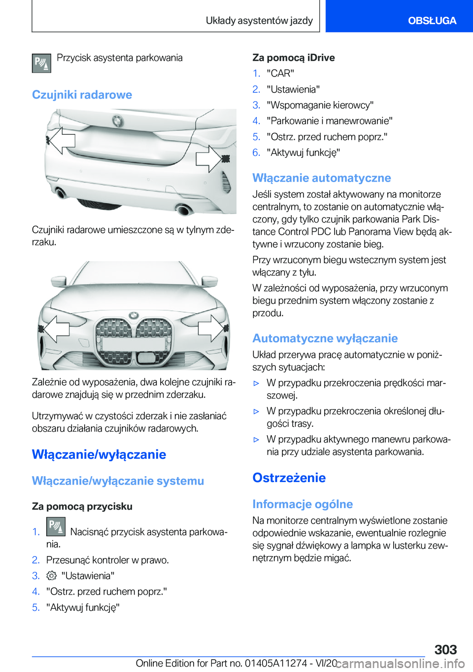 BMW 4 SERIES COUPE 2021  Instrukcja obsługi (in Polish) �P�r�z�y�c�i�s�k��a�s�y�s�t�e�n�t�a��p�a�r�k�o�w�a�n�i�a
�C�z�u�j�n�i�k�i��r�a�d�a�r�o�w�e
�C�z�u�j�n�i�k�i��r�a�d�a�r�o�w�e��u�m�i�e�s�z�c�z�o�n�e��s�