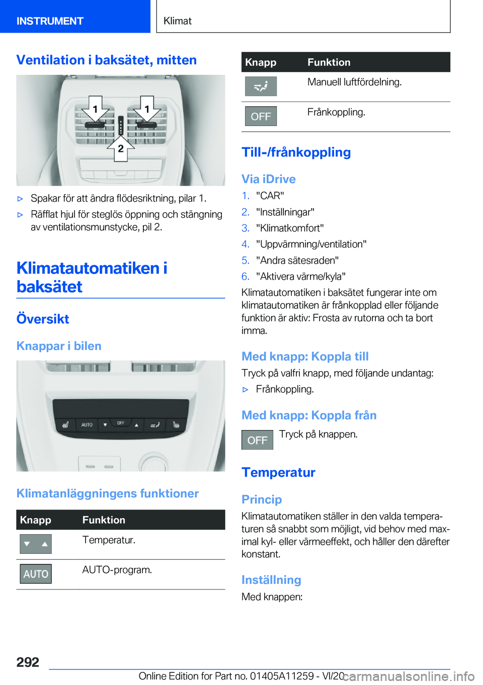 BMW 4 SERIES COUPE 2021  InstruktionsbÖcker (in Swedish) �V�e�n�t�i�l�a�t�i�o�n��i��b�a�k�s�ä�t�e�t�,��m�i�t�t�e�n'x�S�p�a�k�a�r��f�